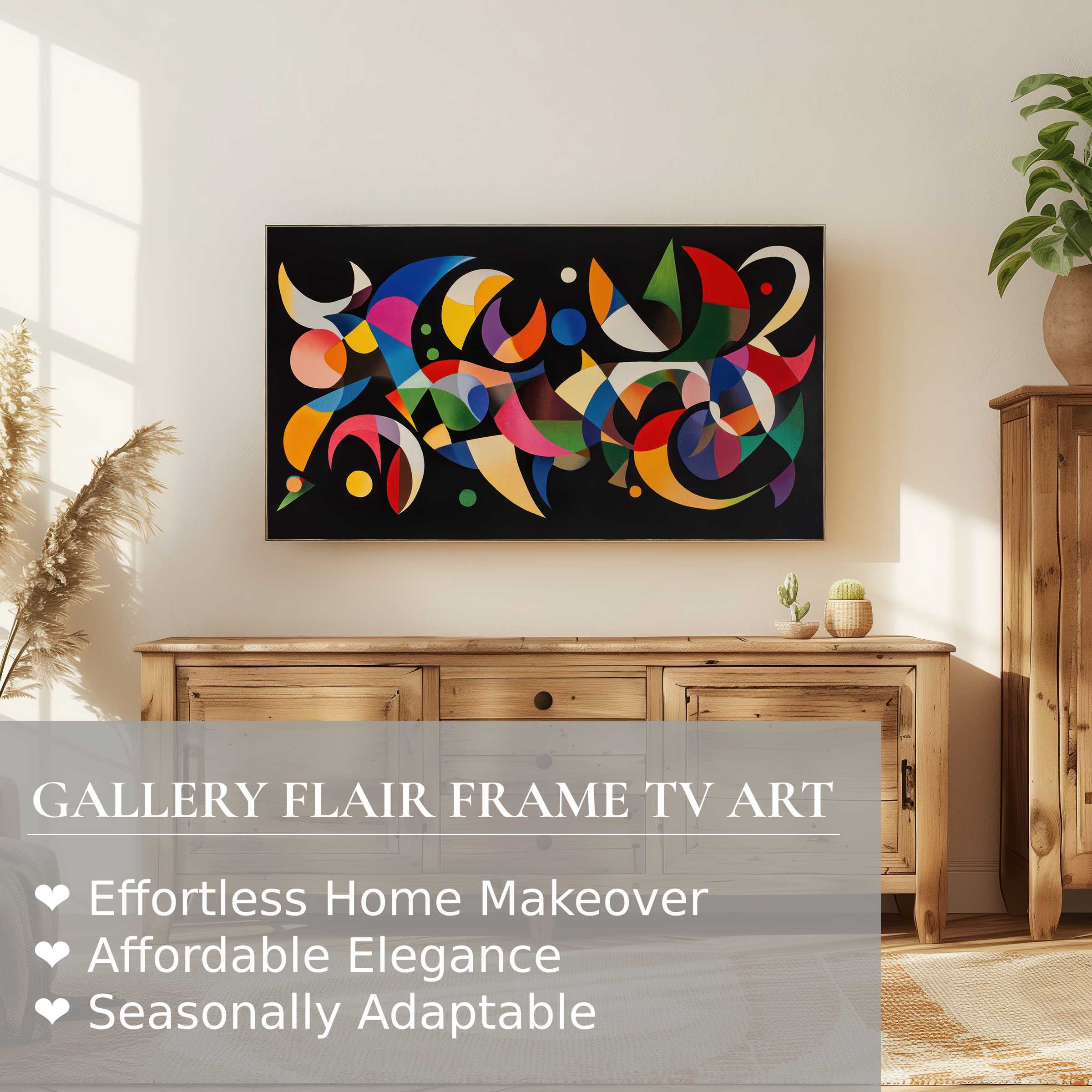 Vibrant abstract forms in modern digital artwork displayed on Samsung Frame TV, elevating refined home decor