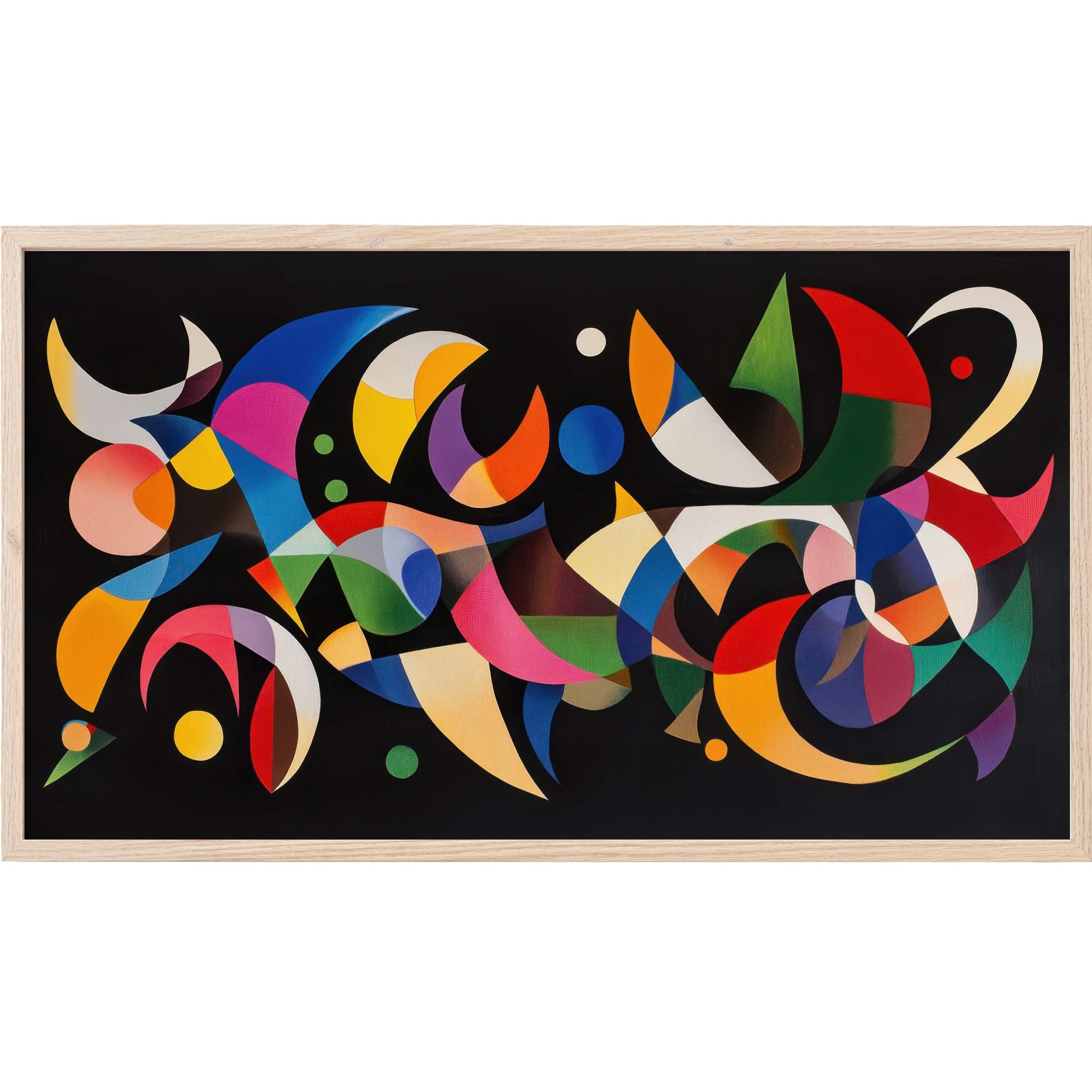 Vibrant geometric shapes in bold hues on black backdrop, framed elegantly, a standout modern Frame TV Art piece