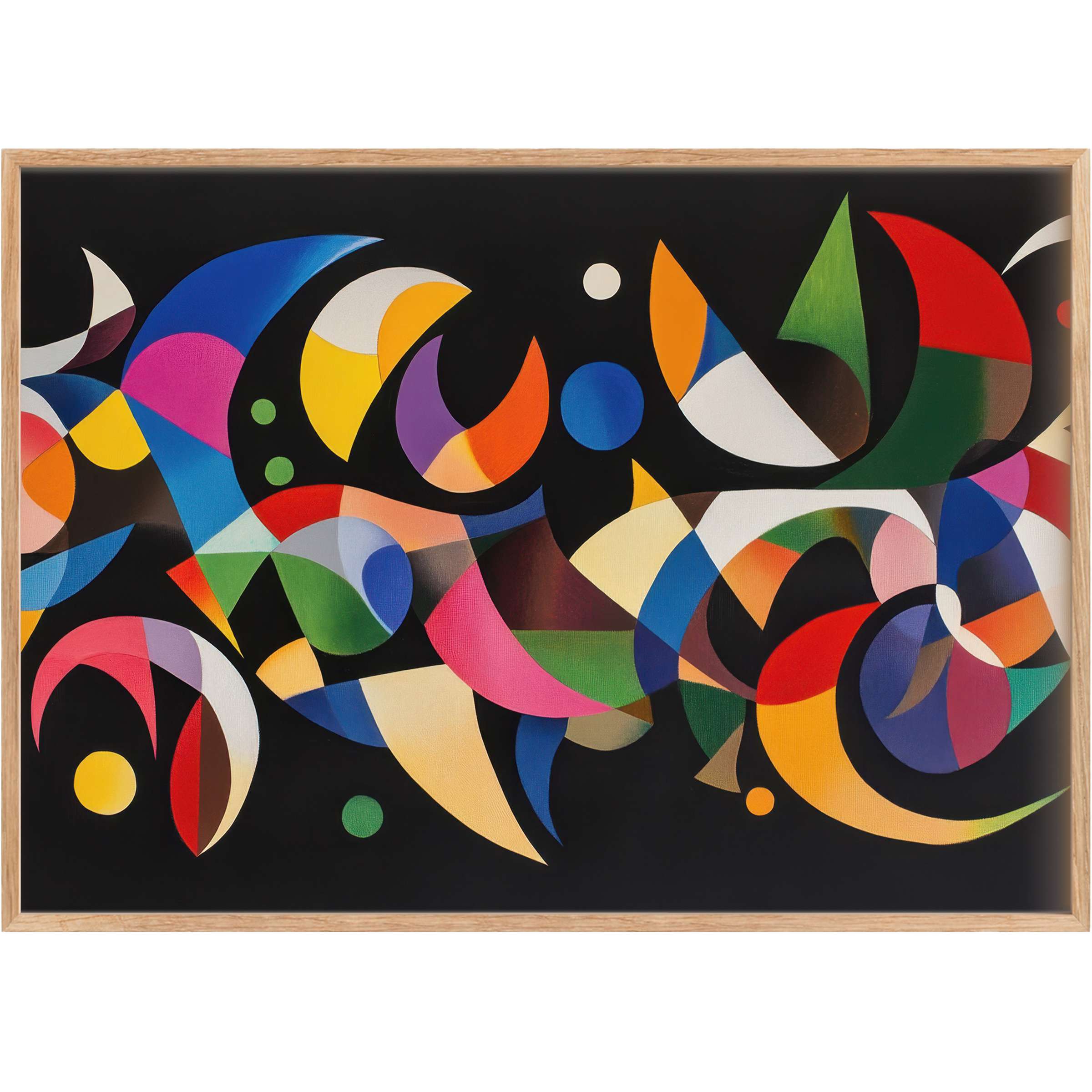 Bold modern printable wall art featuring vibrant crescents and spheres in vivid reds, blues, greens, and yellows, energizing any chic space