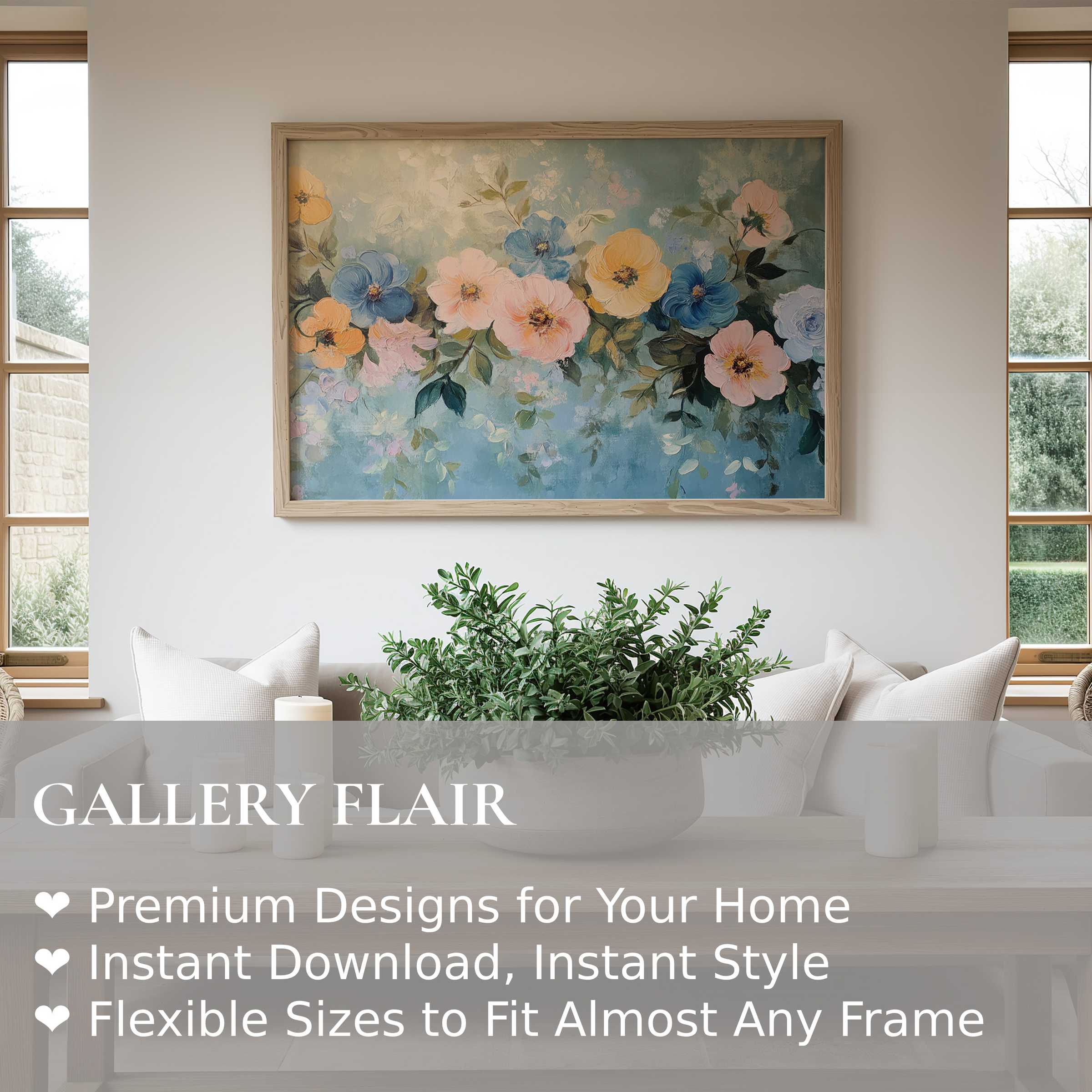 Floral wall art print with soft pastels and vibrant blooms, enhancing modern minimalist interiors with serene elegance and garden-inspired charm