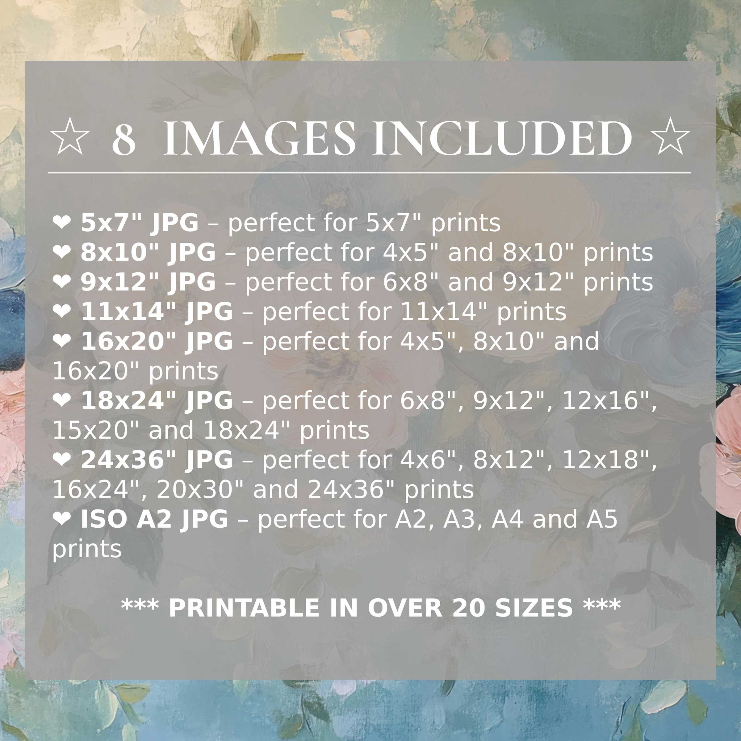 Floral digital print in soothing pastel blues and peaches, radiant and calming, includes 8 high-quality sizes to elevate modern interiors with refined versatility