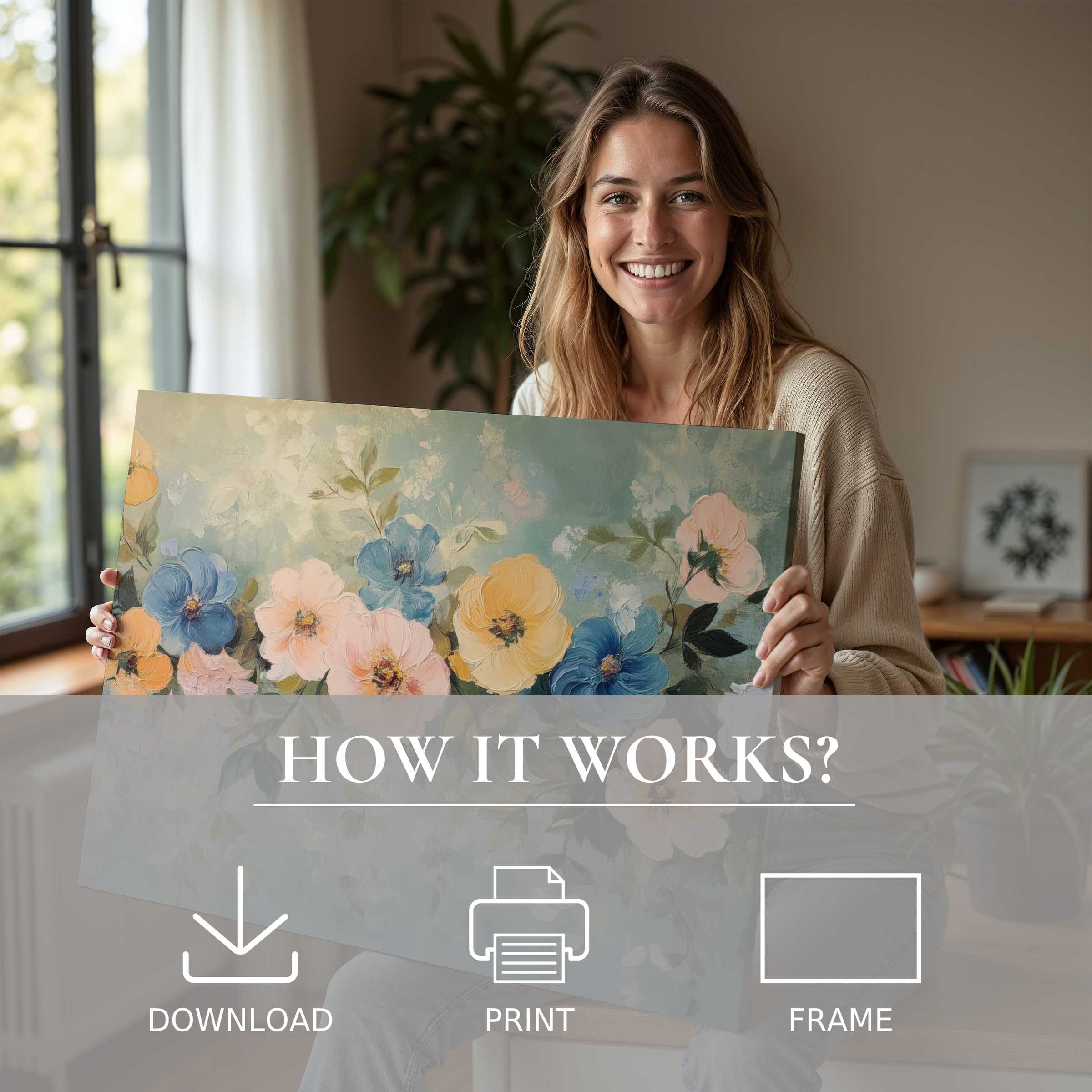 Bright floral digital art print embraced in a sunlit modern home, inspiring joy and effortless style in curated decor
