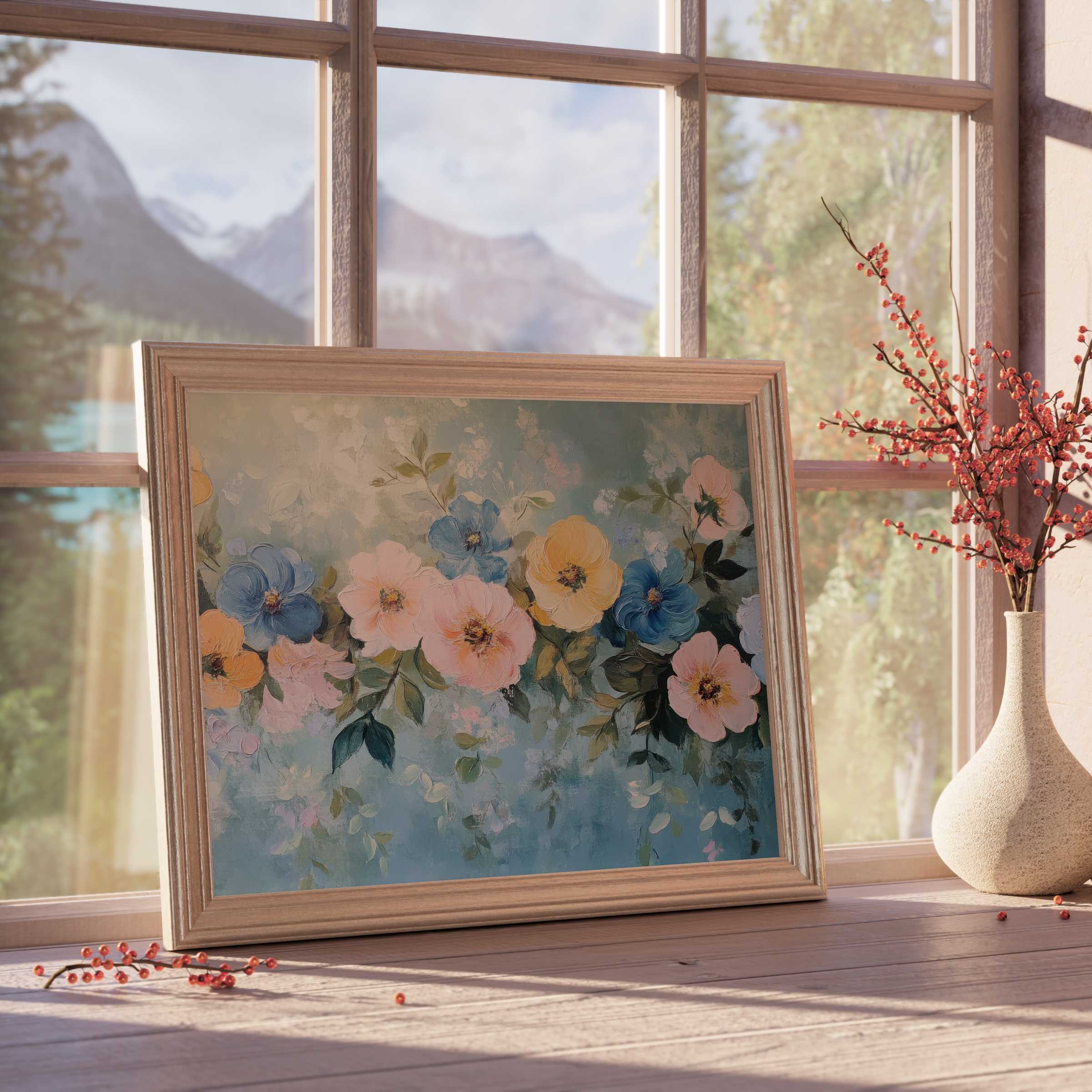 Elegant floral downloadable art with soft pastel blooms in a natural wood frame, enhancing tranquil, curated interiors with serene charm