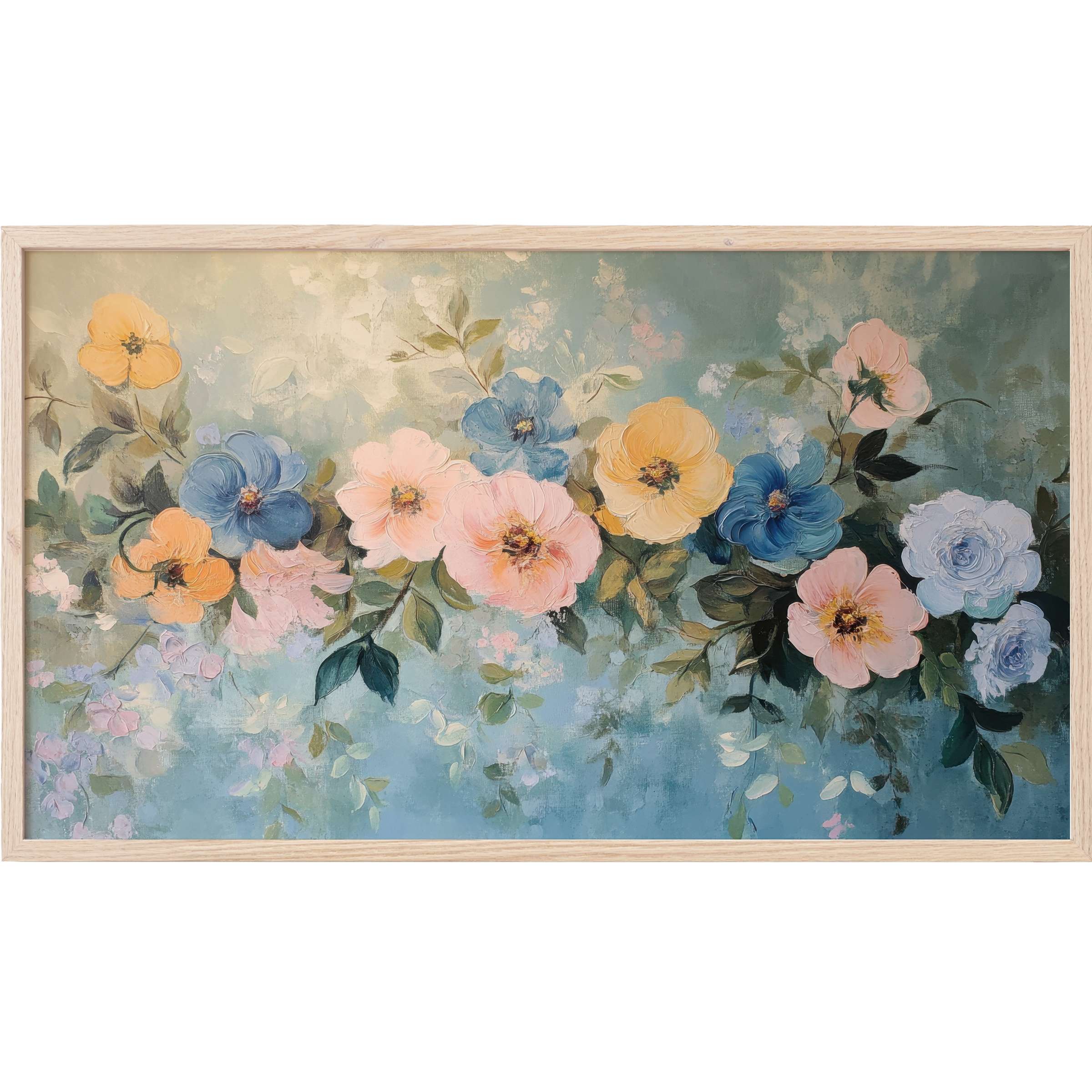 Floral Frame TV Art with elegant pastel flowers in blue, peach, and yellow on a soft muted teal background