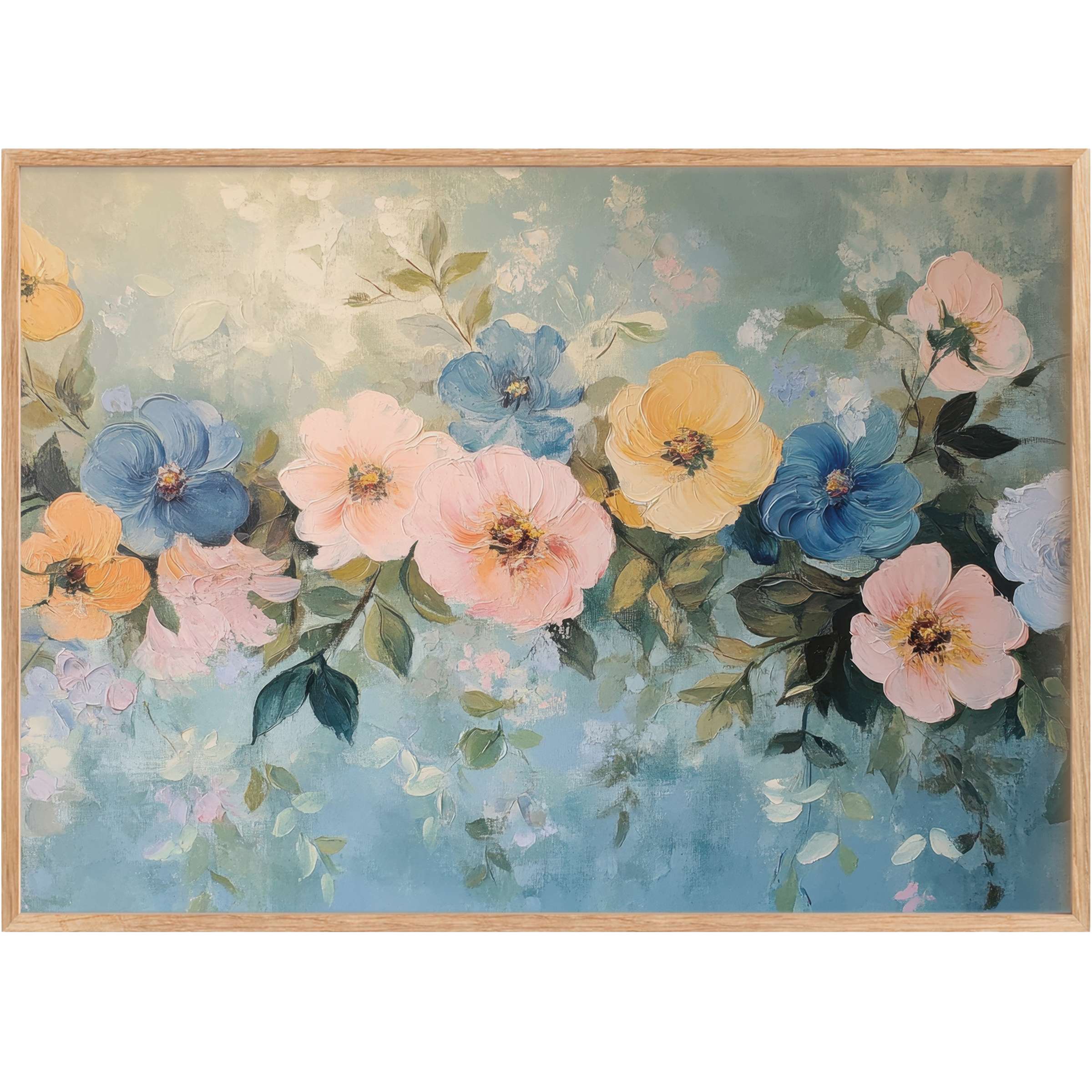 Elegant floral printable wall art blending soft blues, pinks, and yellows for a serene, uplifting ambiance in chic interiors