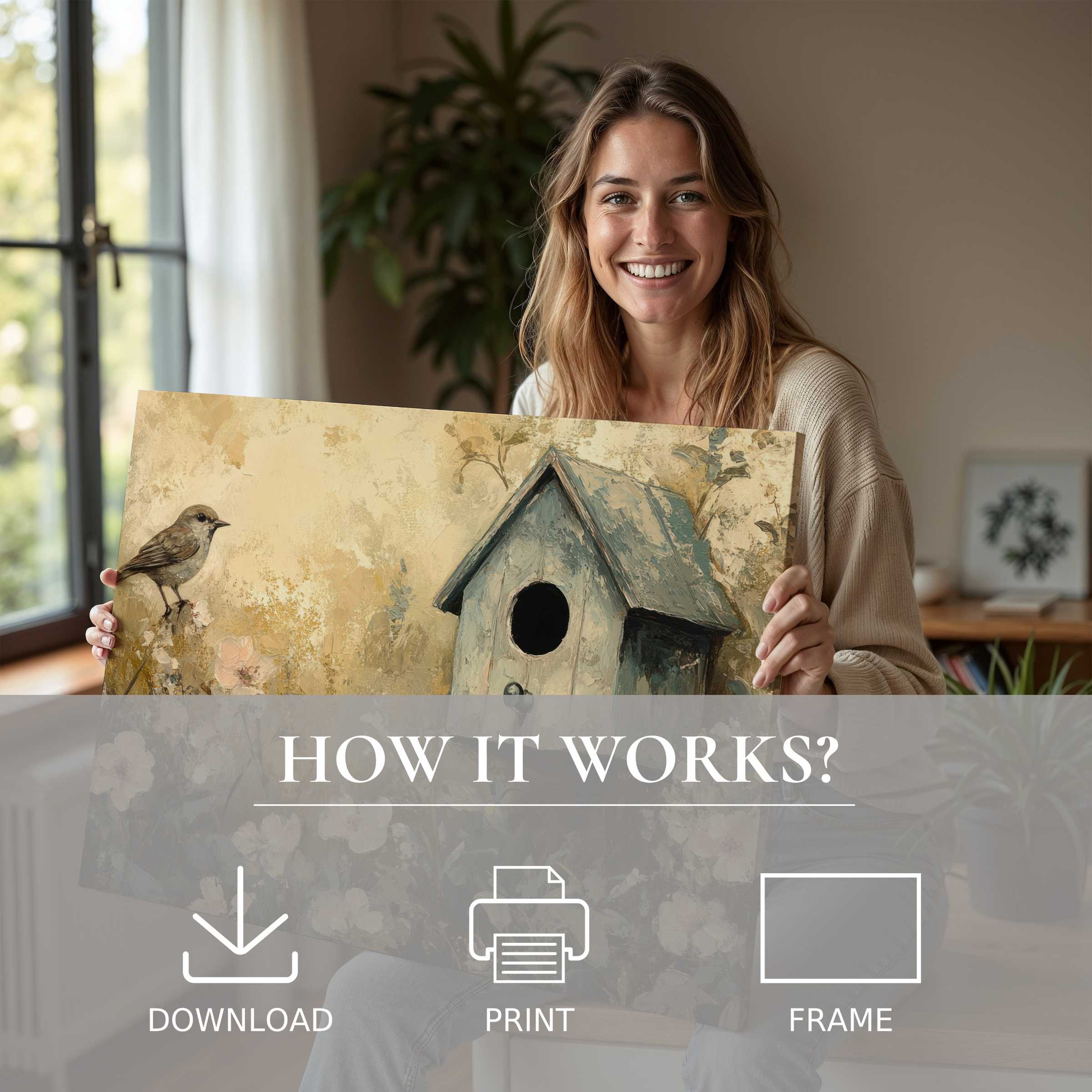 A joyful moment unveiling a spring digital art print, merging serene tones and effortless elegance in a stylish home