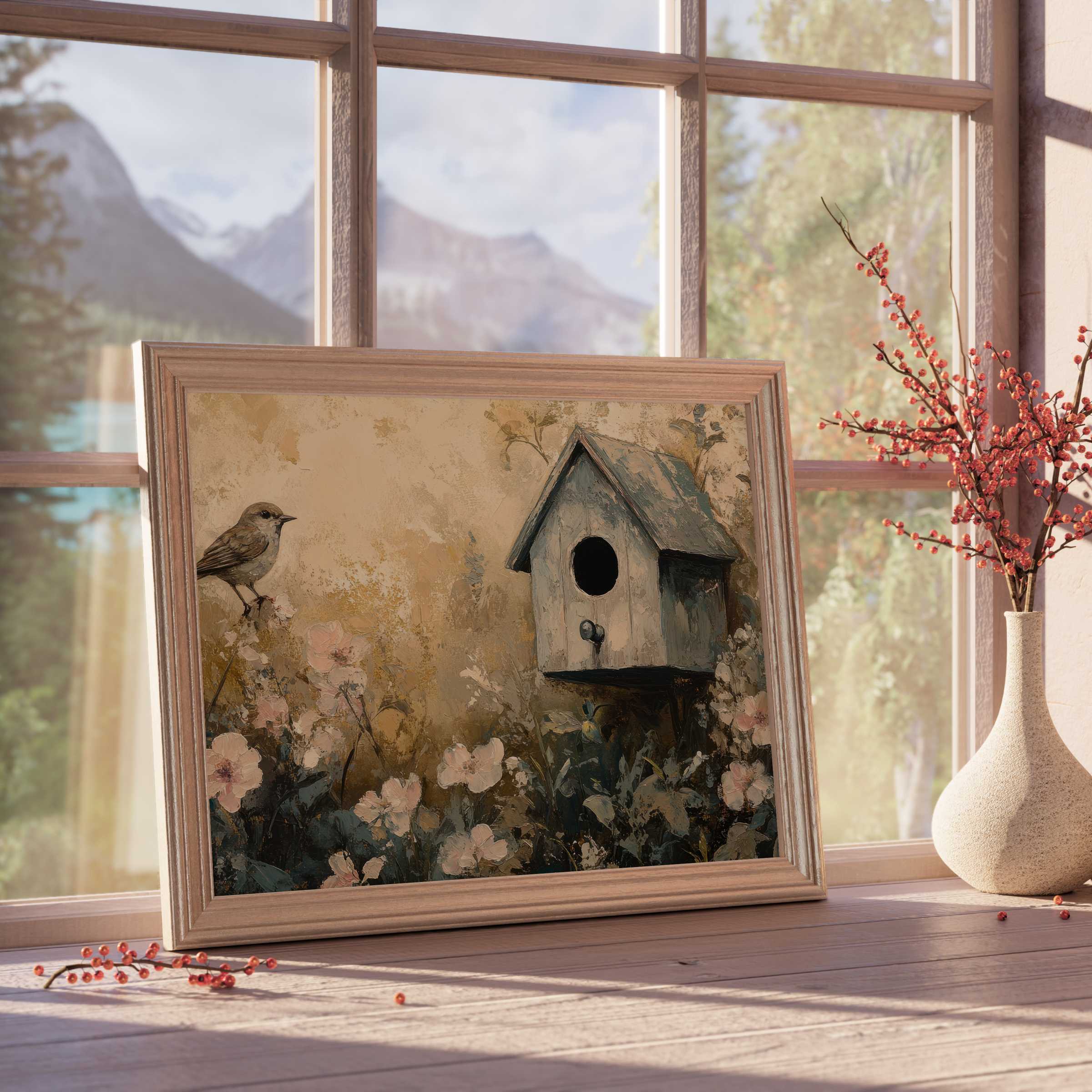Spring downloadable art capturing rustic charm with delicate blooms and a serene birdhouse, elevating tranquil, curated interiors