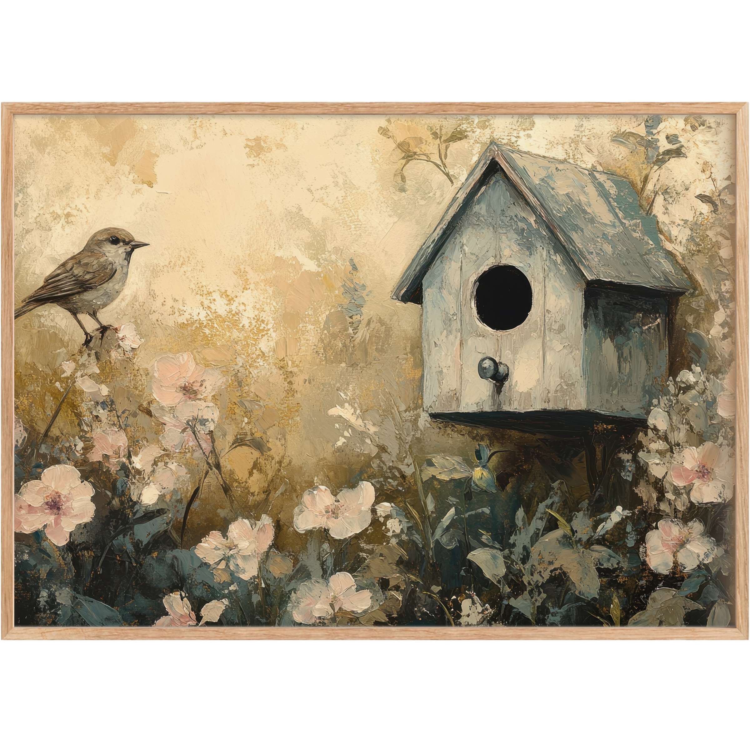 Serene spring printable wall art featuring a delicate birdhouse and soft blush blooms, evoking calm warmth and timeless elegance