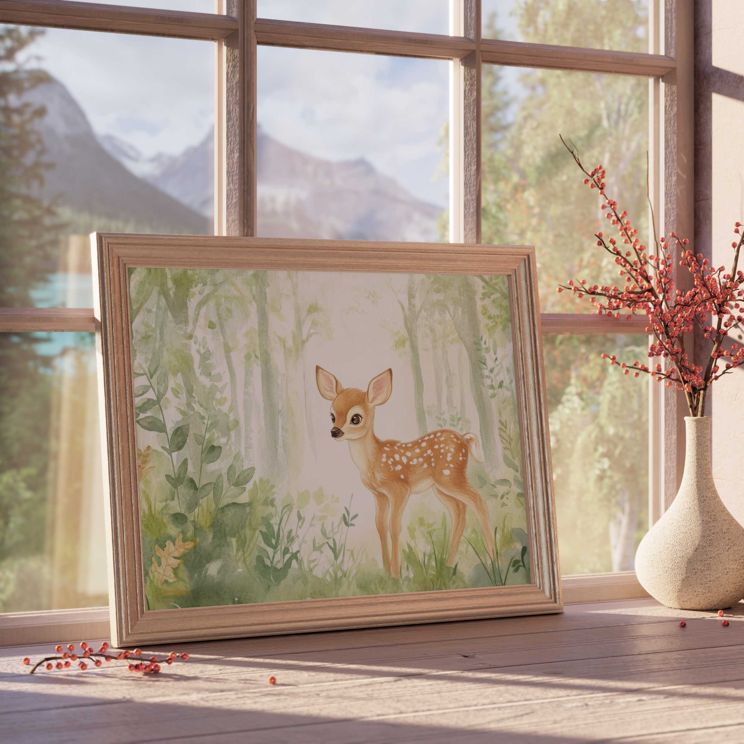 Elegant nursery downloadable art featuring a serene fawn in a lush forest, enriching tranquil, curated children’s interiors