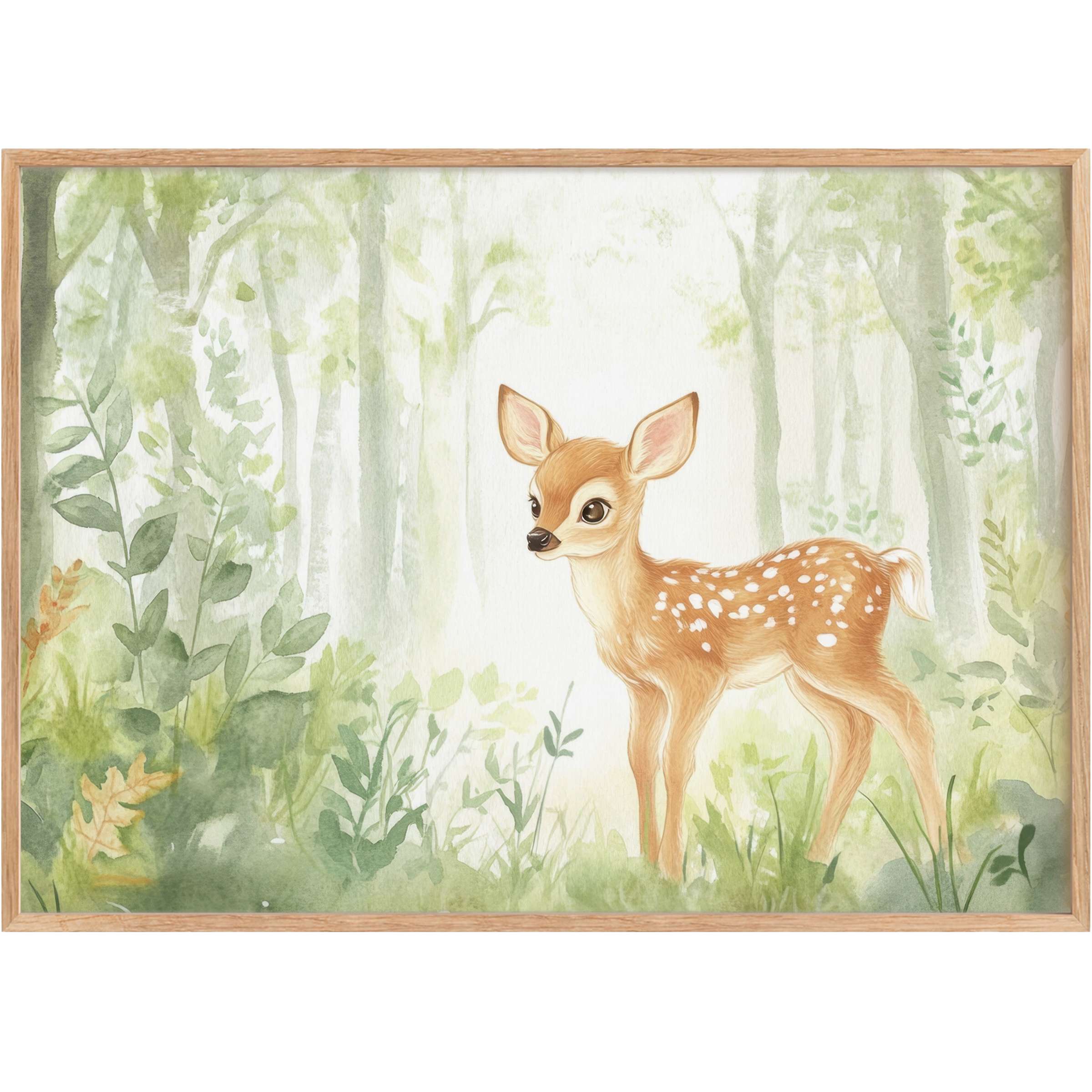 Charming nursery printable wall art featuring a gentle fawn amidst soft green foliage, evoking a serene, tender ambiance