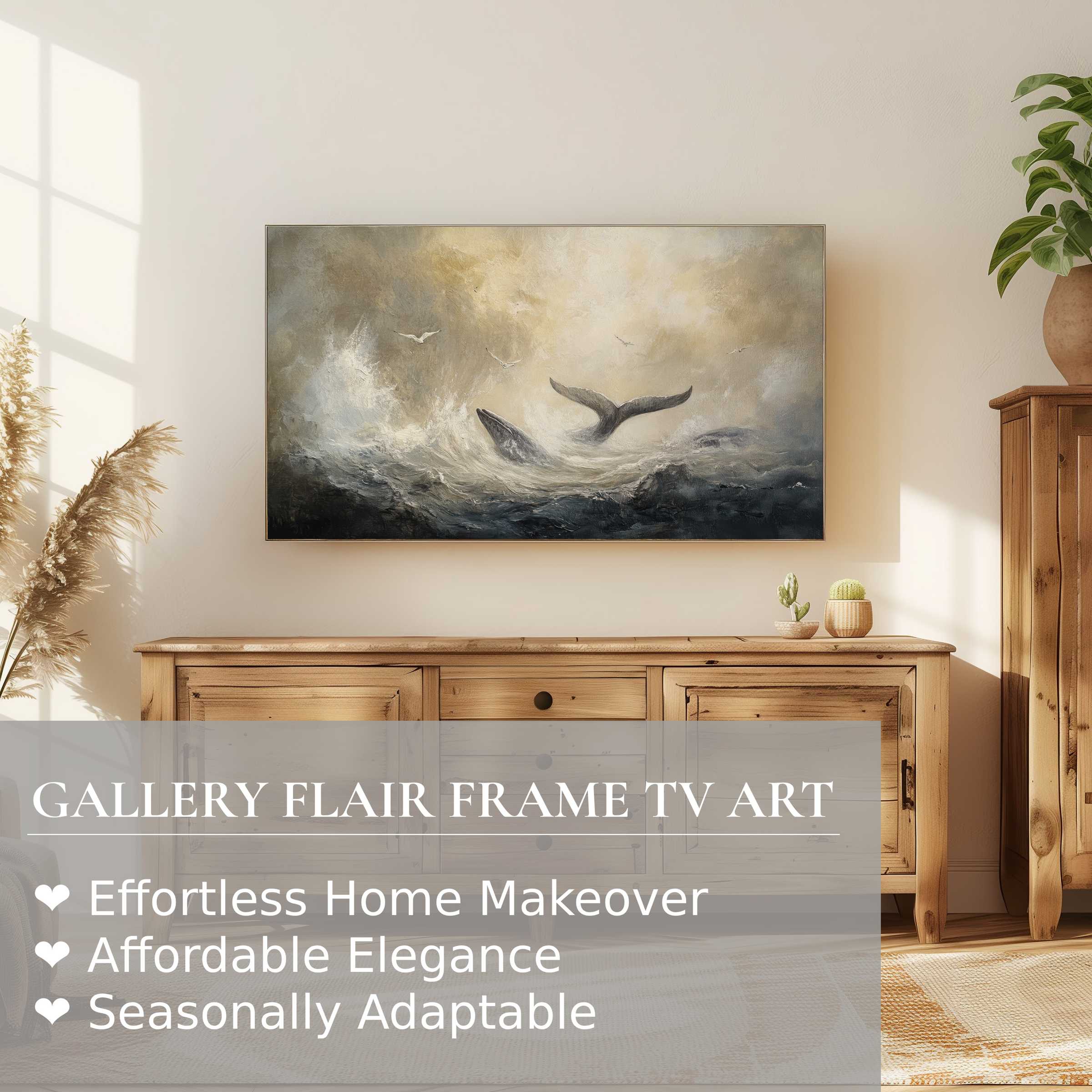 Samsung Frame TV displays serene beach digital artwork with muted tones in a modern, elegant living space