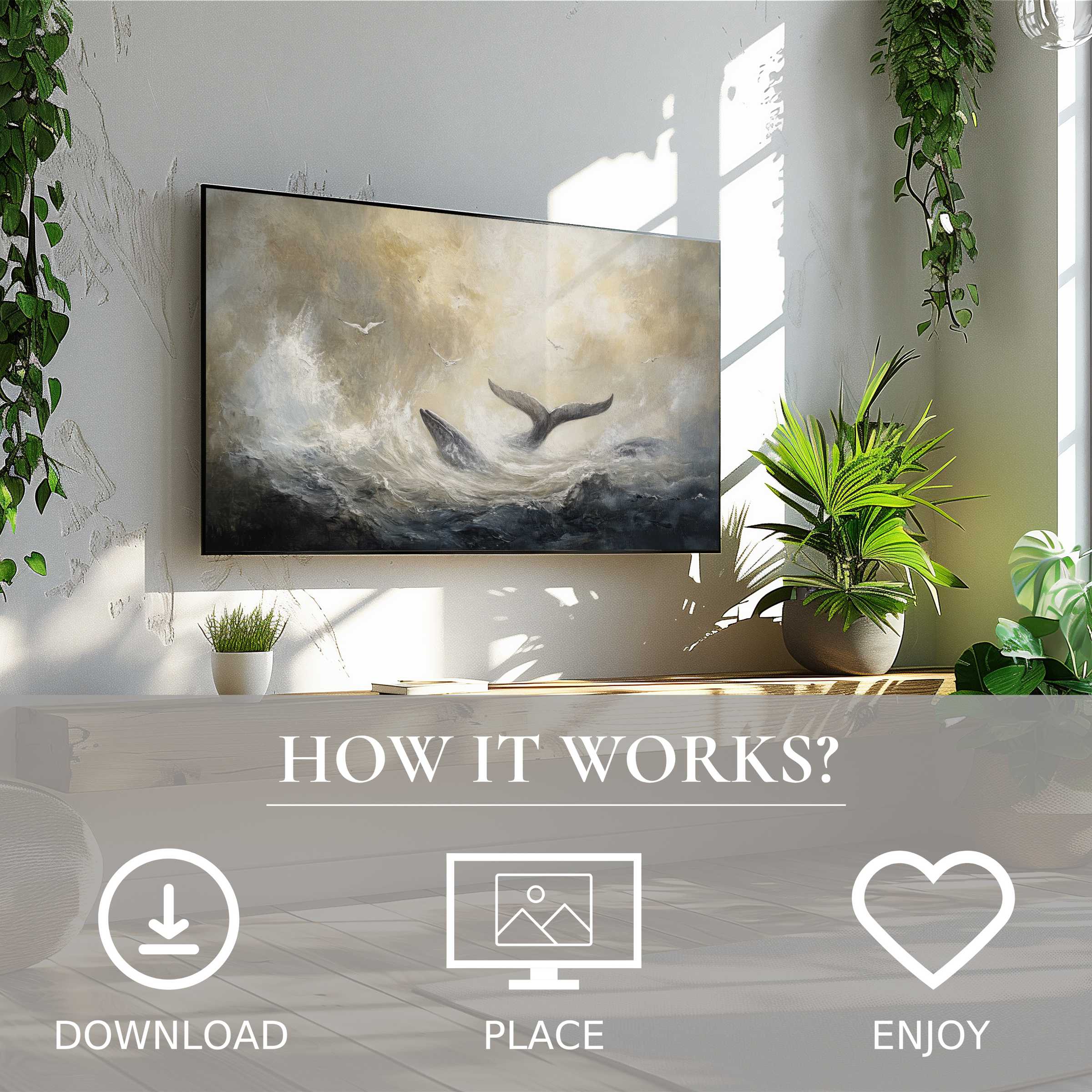 Modern living room with beach art for Samsung TV; serene whale tail motif in soft sunset tones, easy digital download