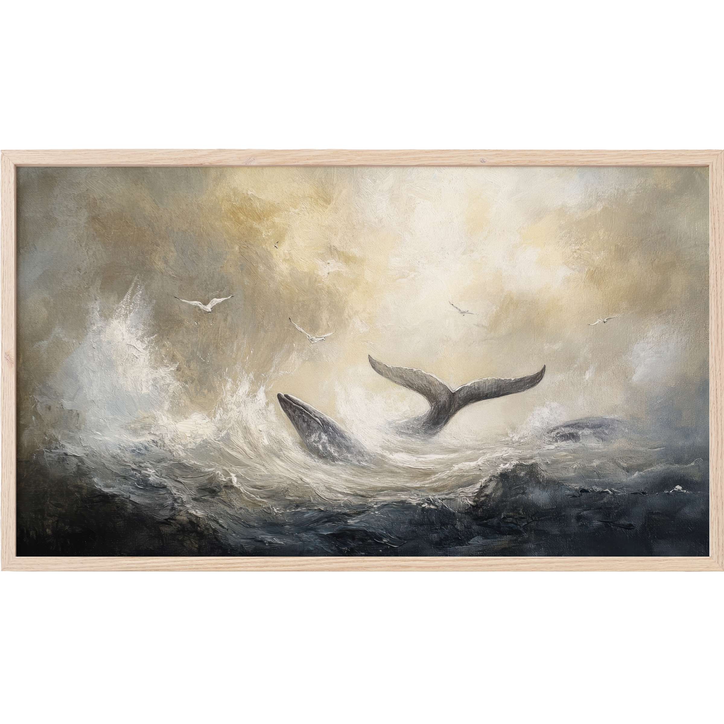 Dramatic whale tale rises amid textured waves in muted blues and creams, a captivating beach Frame TV Art
