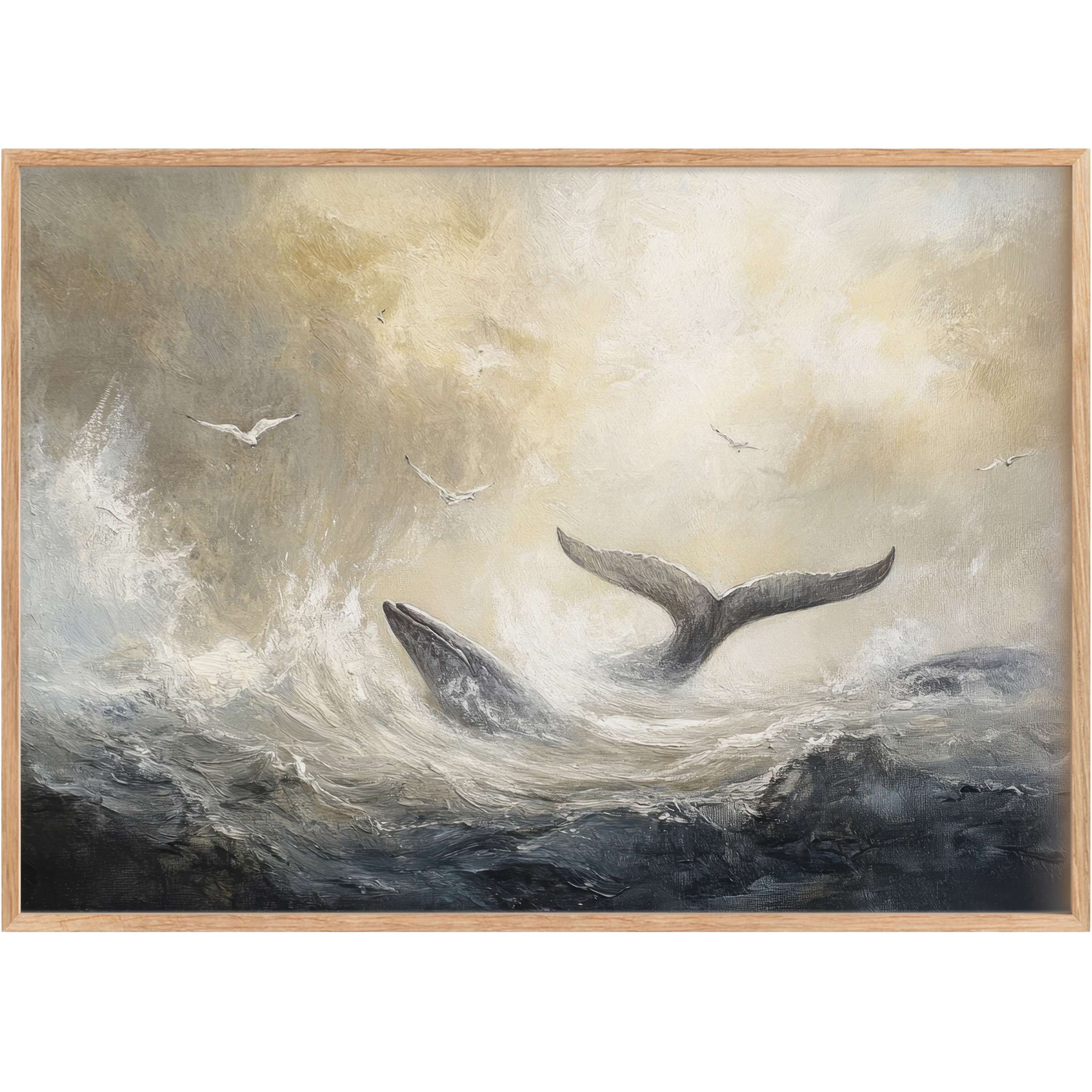 Graceful whale tail emerges from stormy ocean waves in serene beach printable wall art, evoking a majestic, calming coastal ambiance