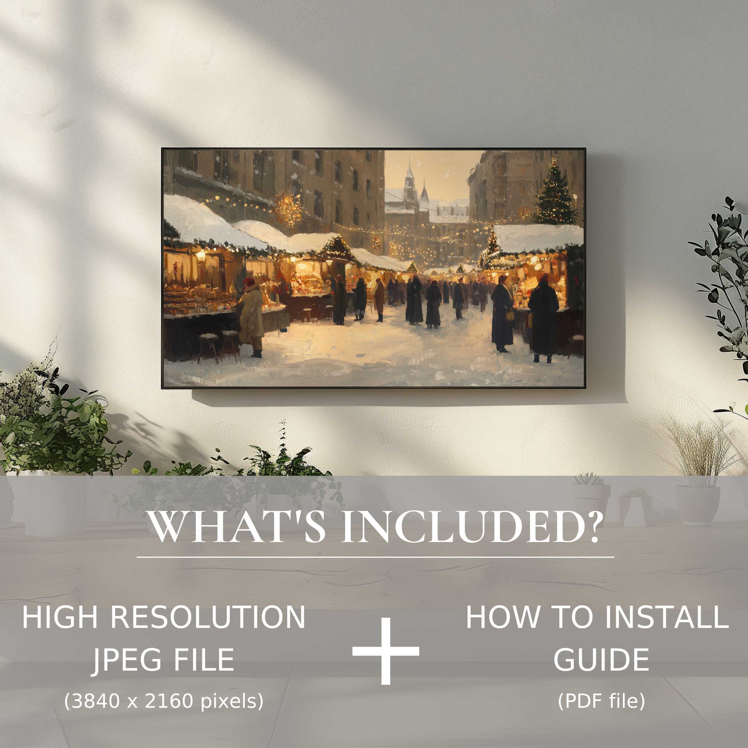 Elegant Christmas digital TV art download showcasing a festive market scene, enhancing living spaces with easy decor