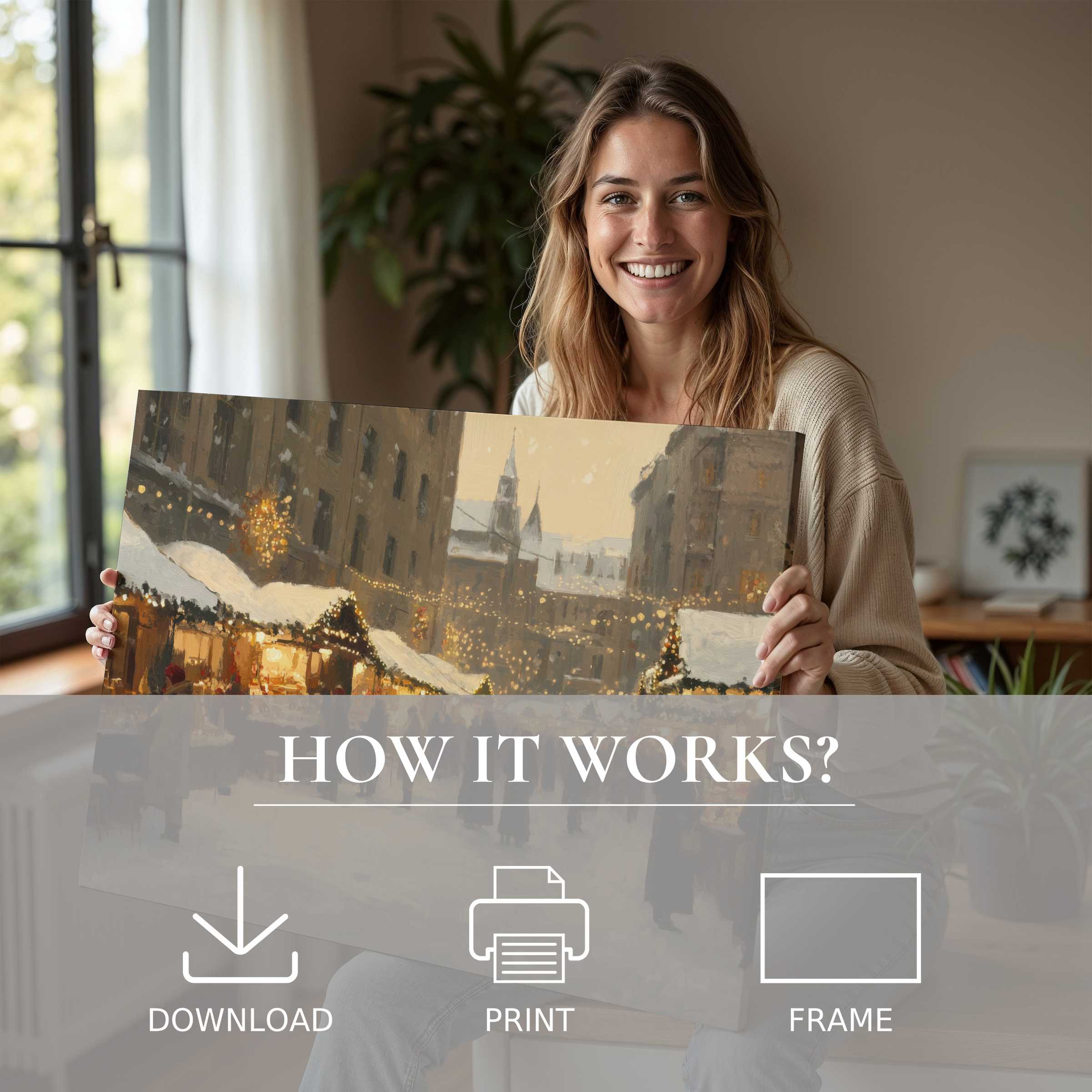 A joyful woman shares a warm Christmas digital art print, inviting serene elegance and effortless beauty into modern home living