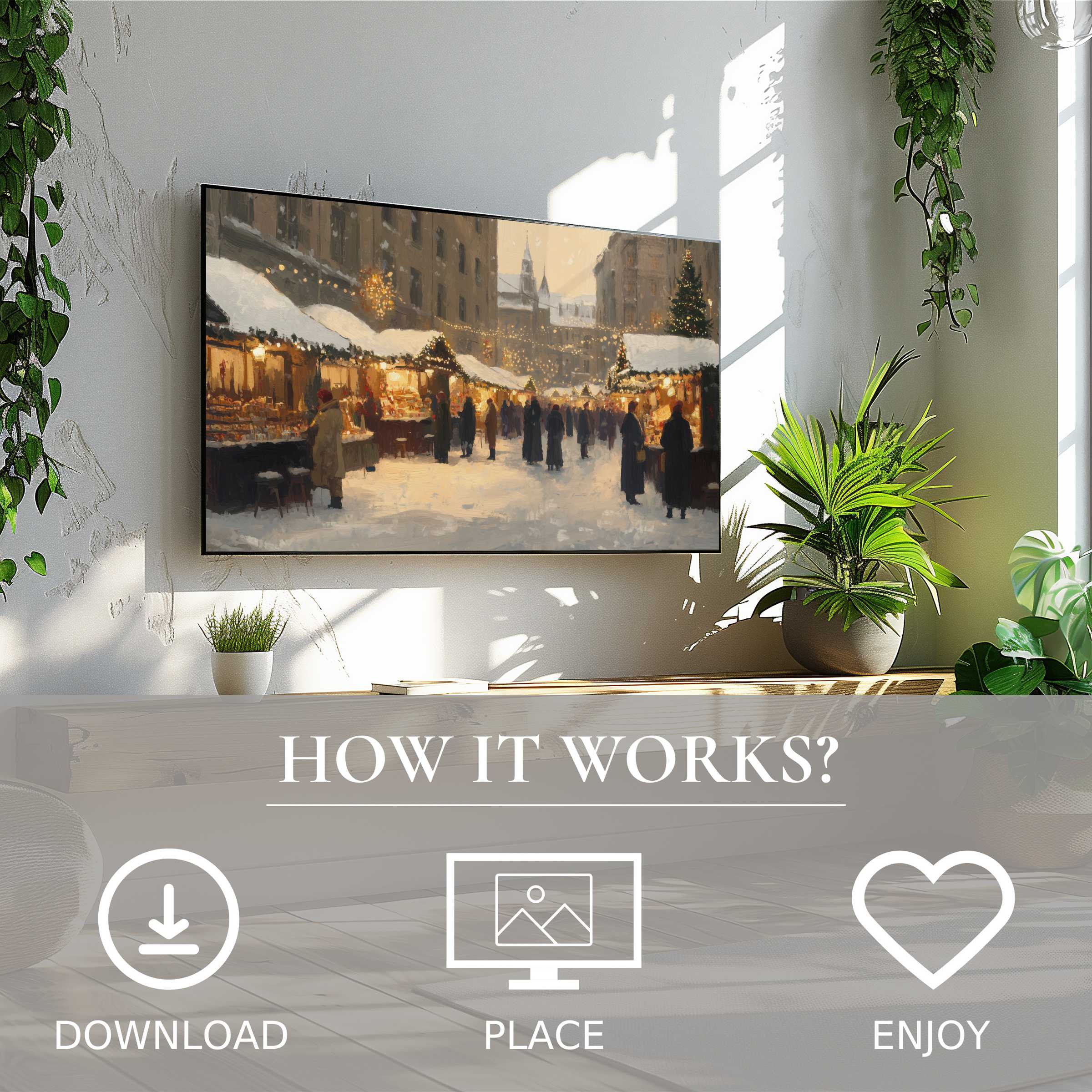 Modern living room with easy digital download; christmas art for Samsung TV shows warm snowy market scene enriching space