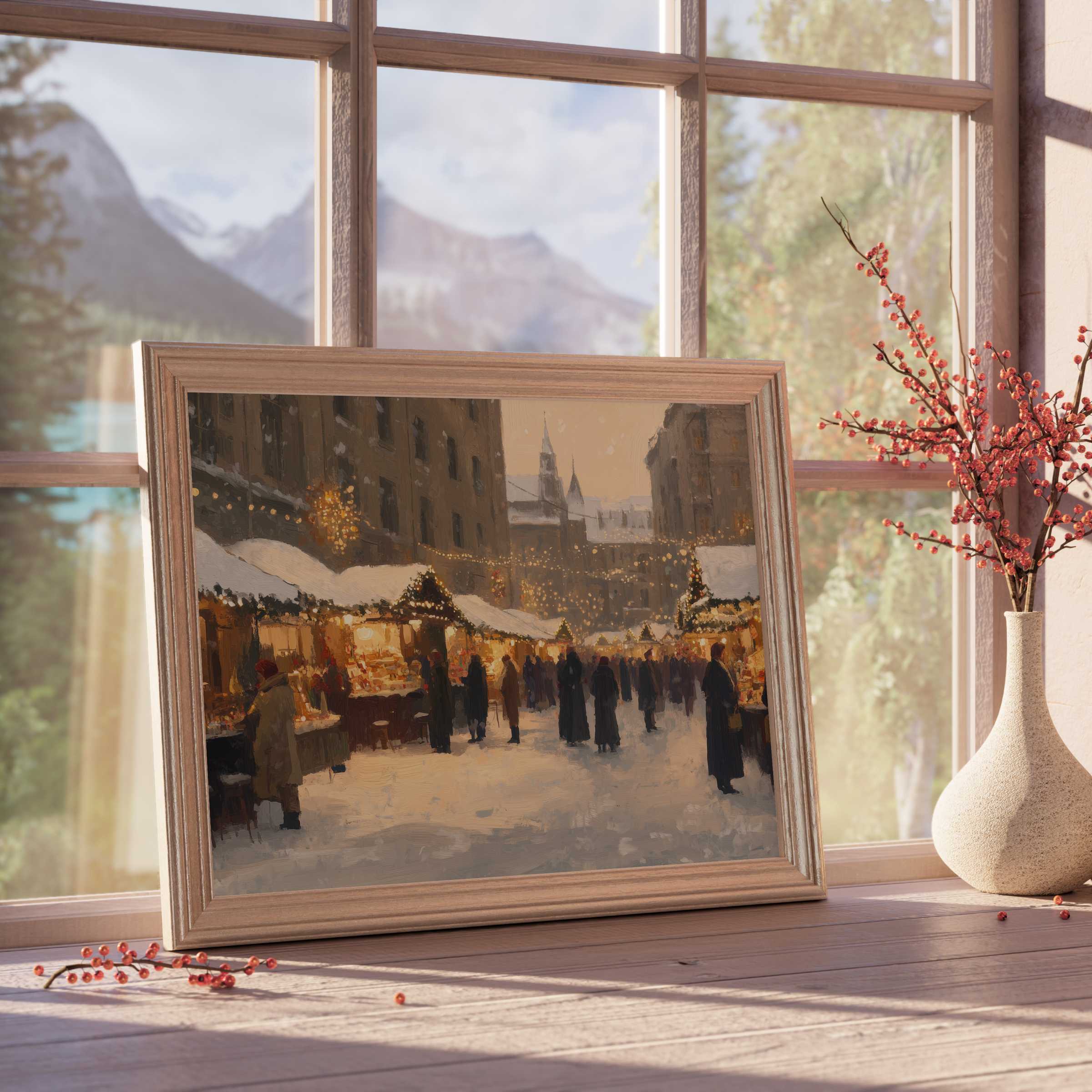 Christmas downloadable art capturing a serene, snow-dusted market aglow with warm lights, perfect for elegant, tranquil interiors