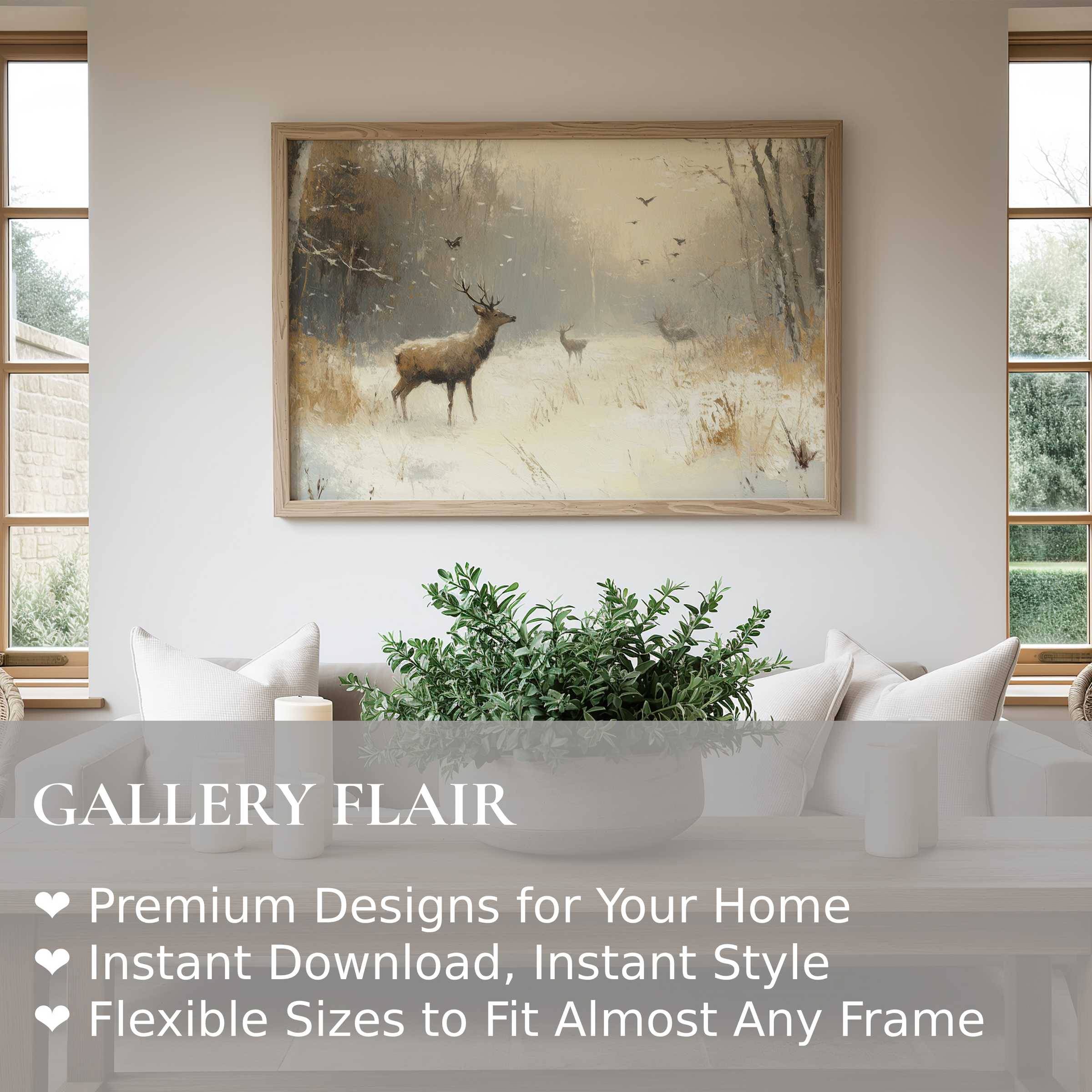 Winter wall art print featuring a serene stag in a misty forest, enhancing modern rustic interiors with calming, nature-inspired elegance