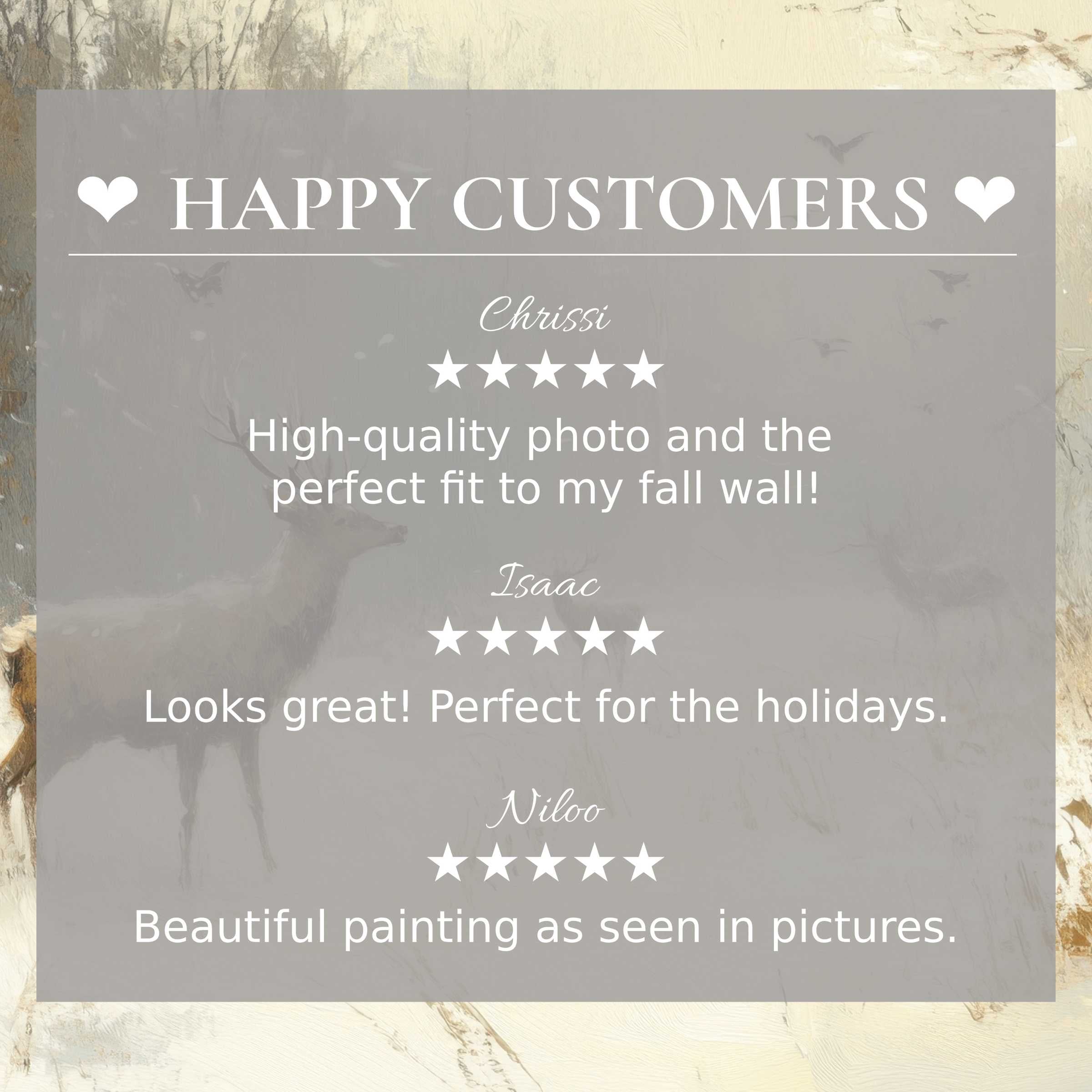 Elegant winter art for Frame TV with muted deer motif; layout inspires trust through happy customer reviews