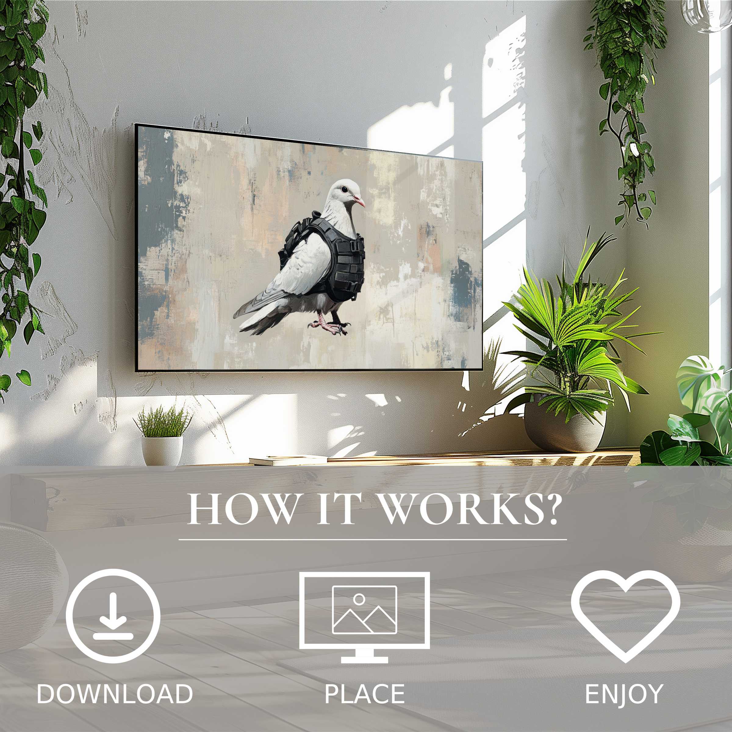 Modern living room with street art for Samsung TV showing a pigeon in tactical gear; easy digital download enhances your space
