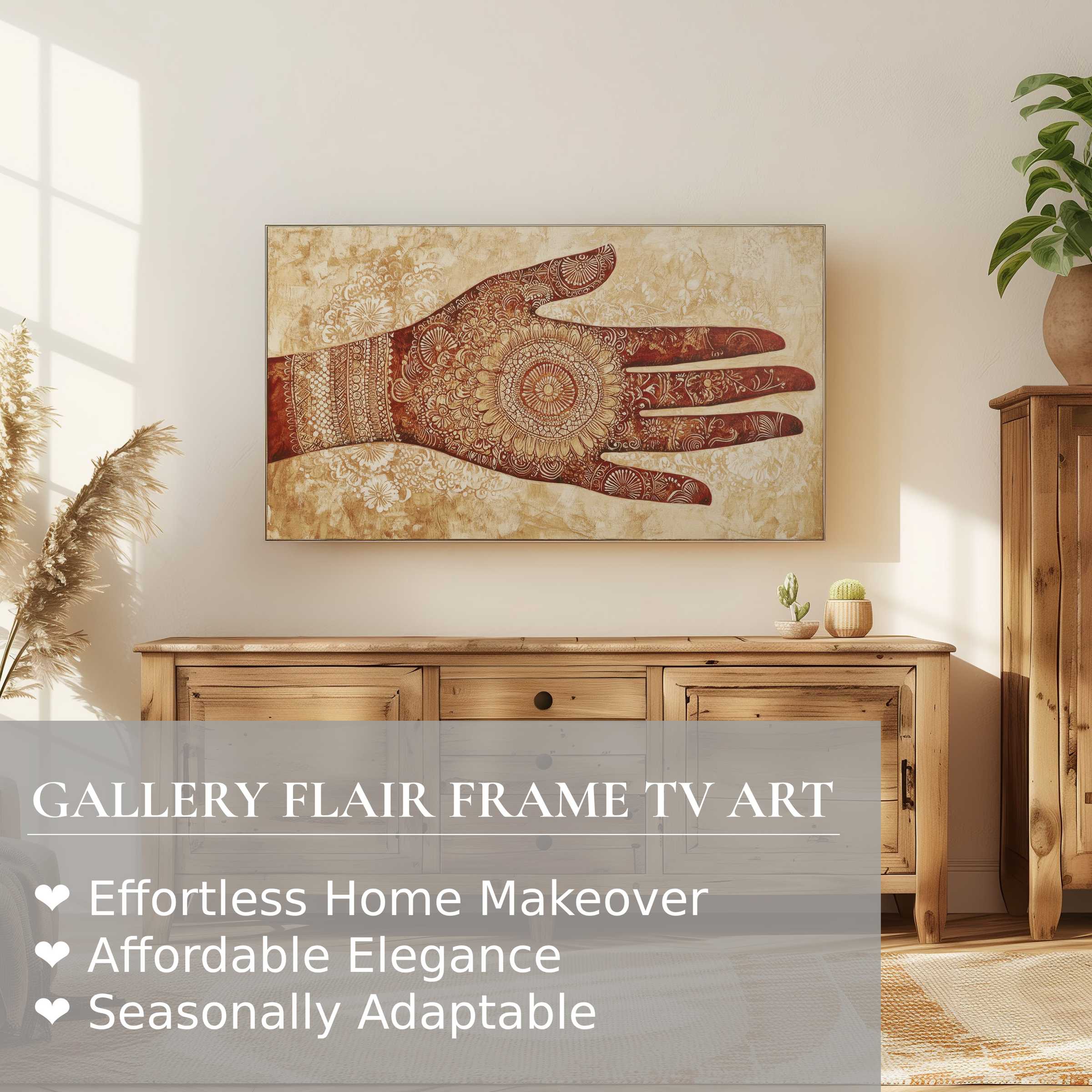 Samsung Frame TV displays boho digital artwork of an intricate henna hand in a warm, elegant living space