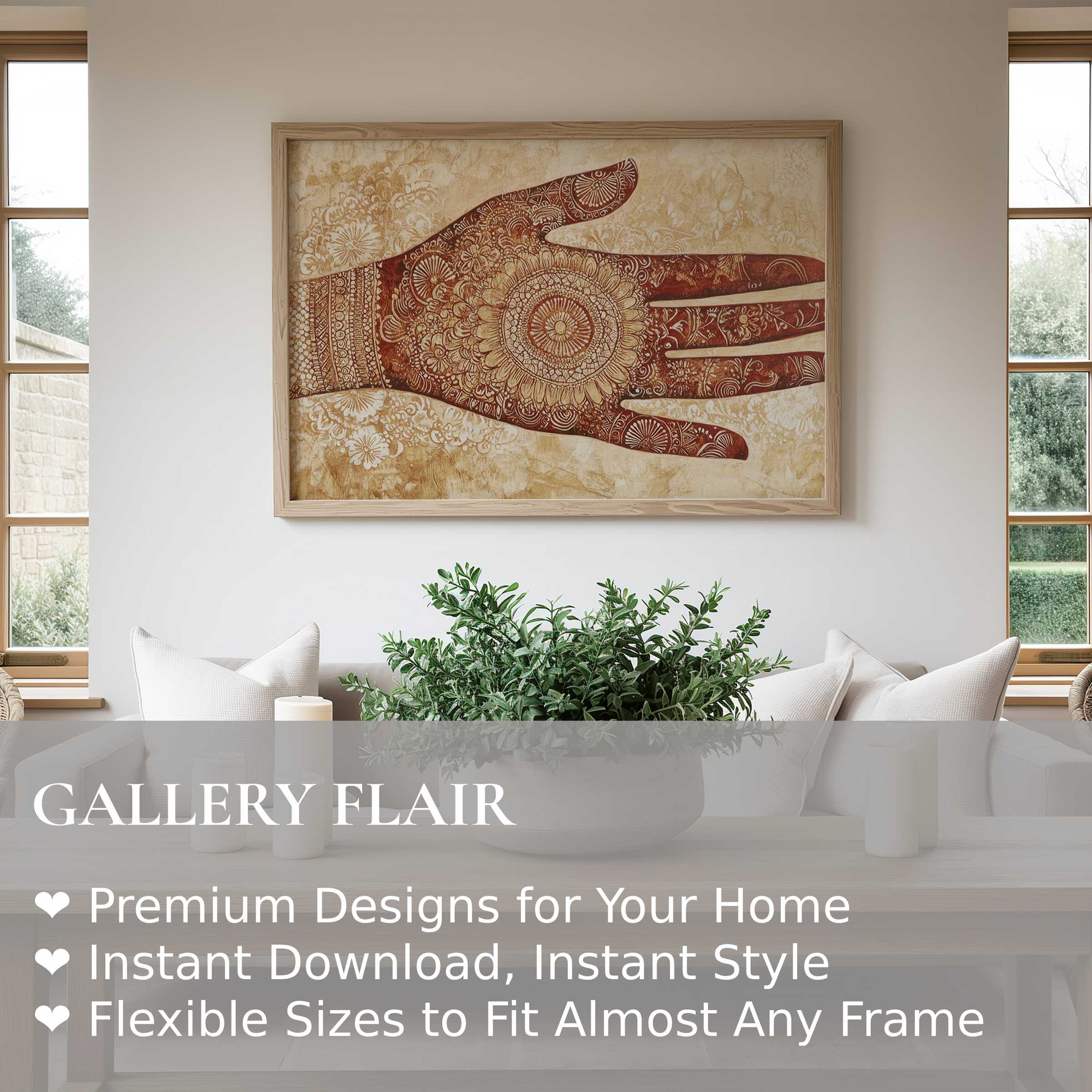 Boho wall art print featuring intricate henna-inspired patterns in warm earthy tones, enriching modern minimalist interiors with serene, organic elegance