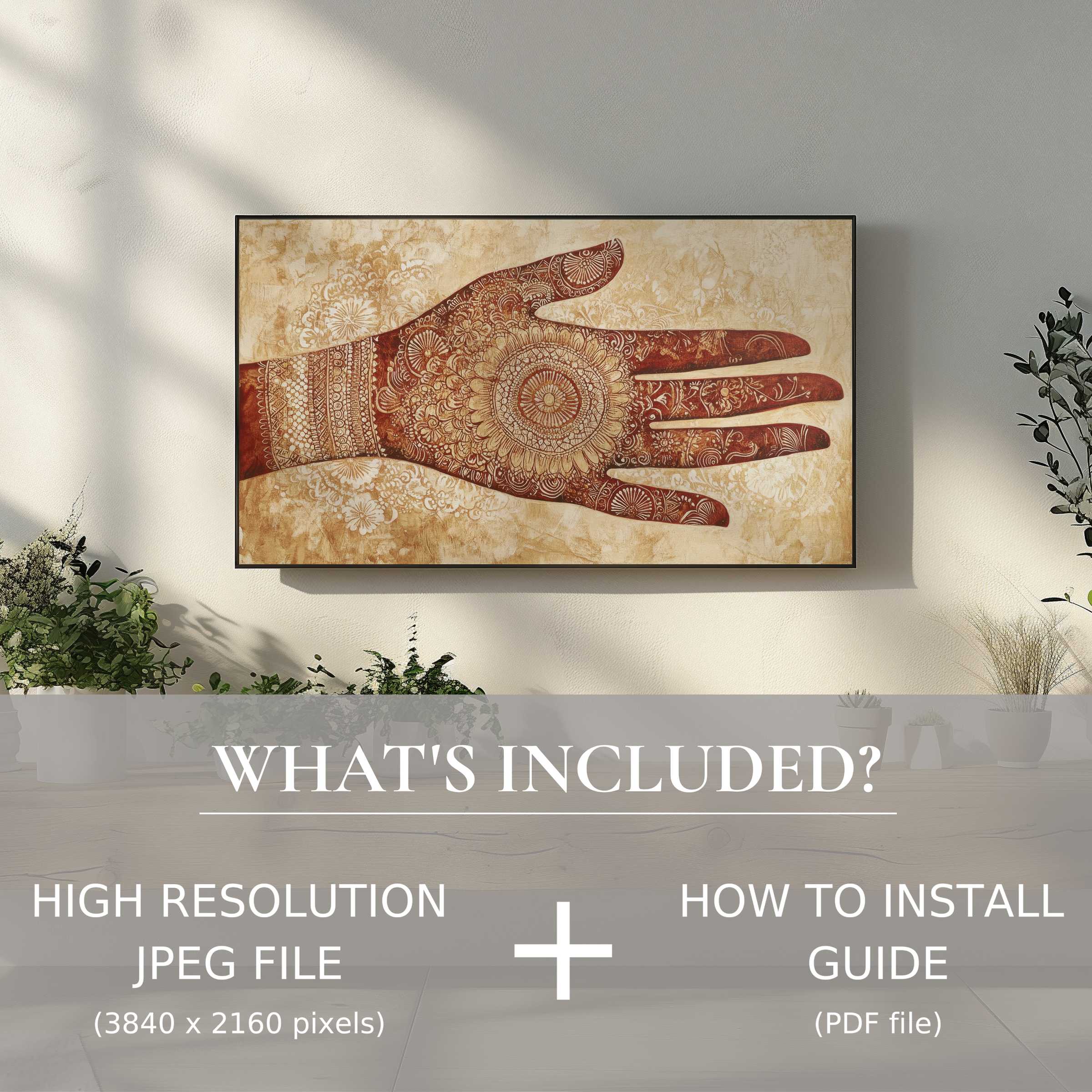 Elegant boho digital TV art download with intricate hand design, enhancing your space with easy digital use and style