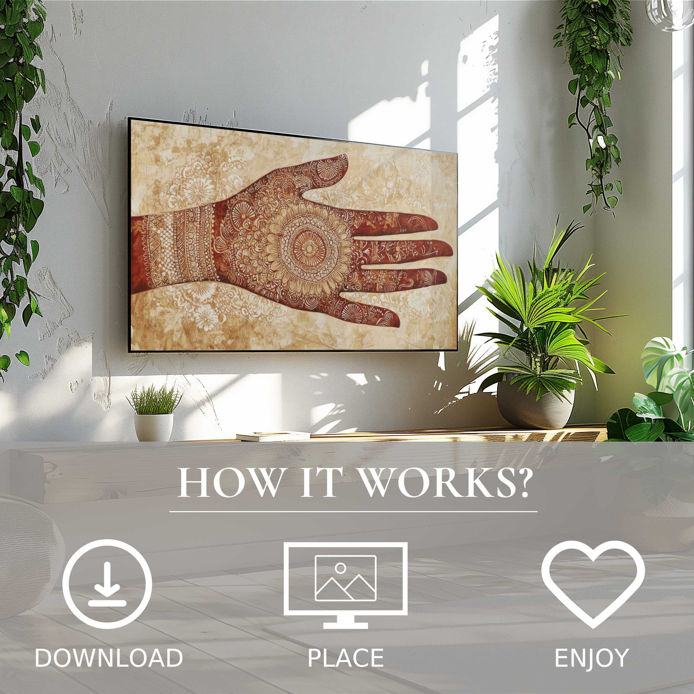 Boho art for Samsung TV shows detailed henna hand motif in warm tones, easy digital download enriches stylish living spaces