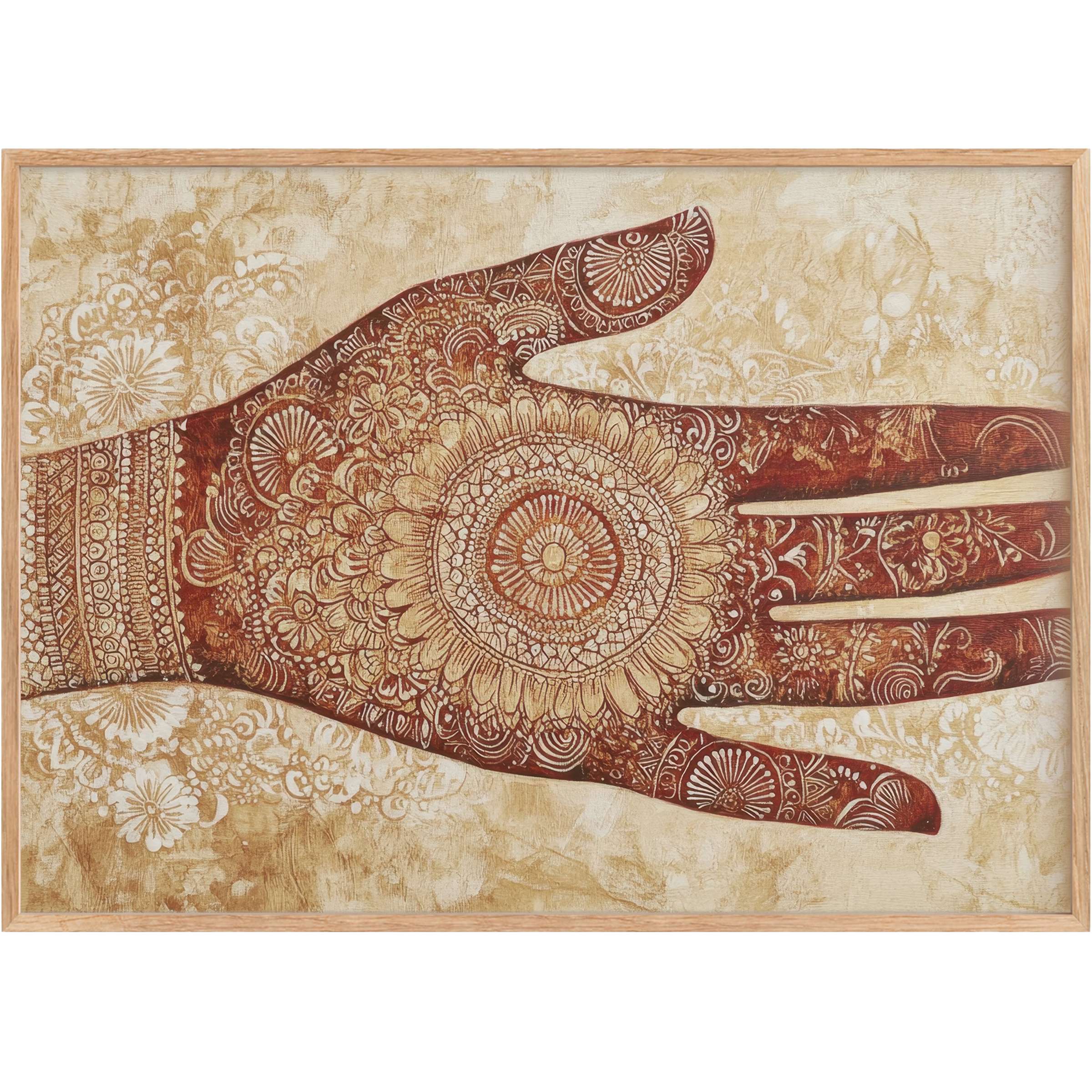 Boho printable wall art featuring intricate henna designs in warm terracotta and beige tones, evoking a serene and earthy ambiance