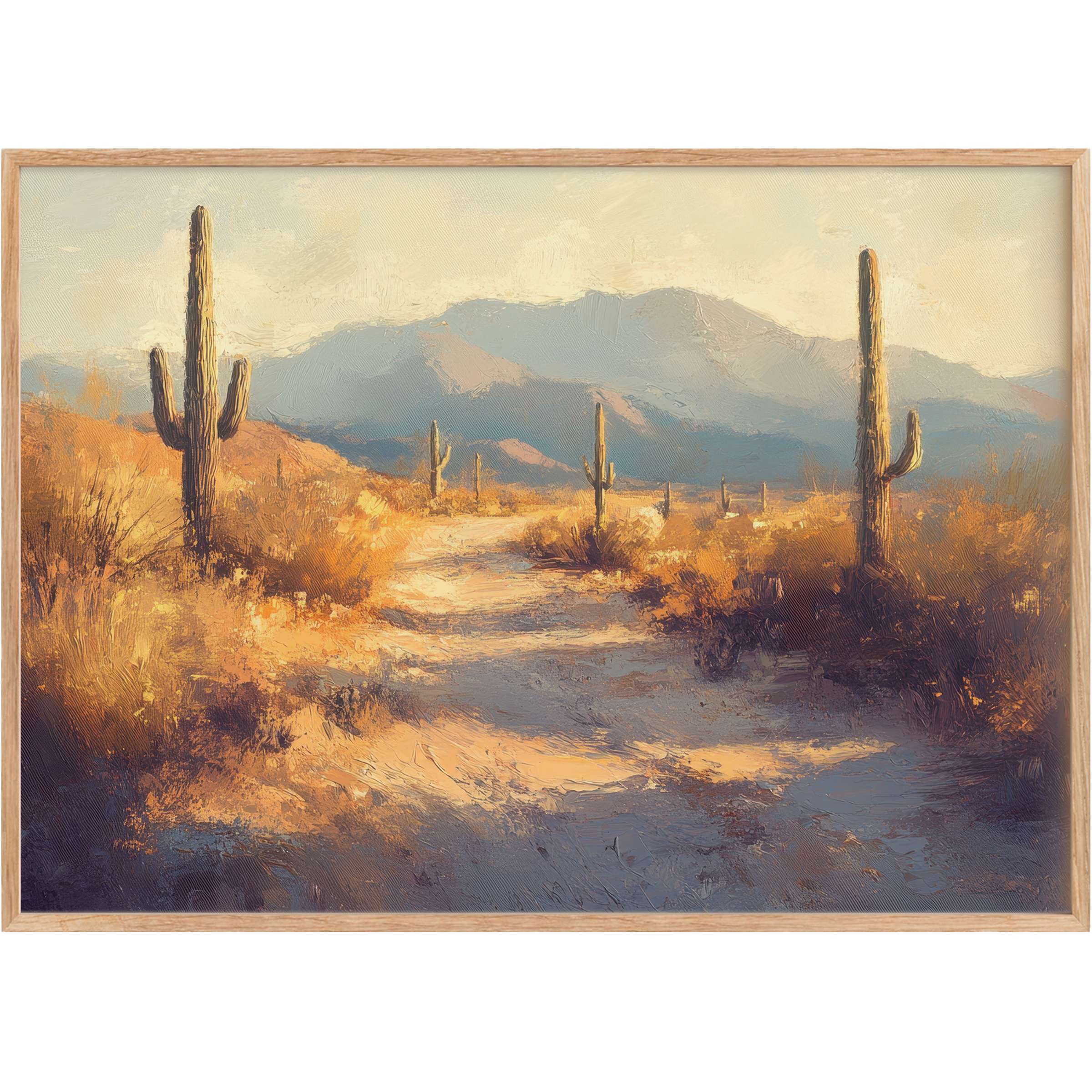 Sunlit desert path with towering cacti, warm golds and soft blues evoke a serene, radiant mood-perfect summer printable wall art