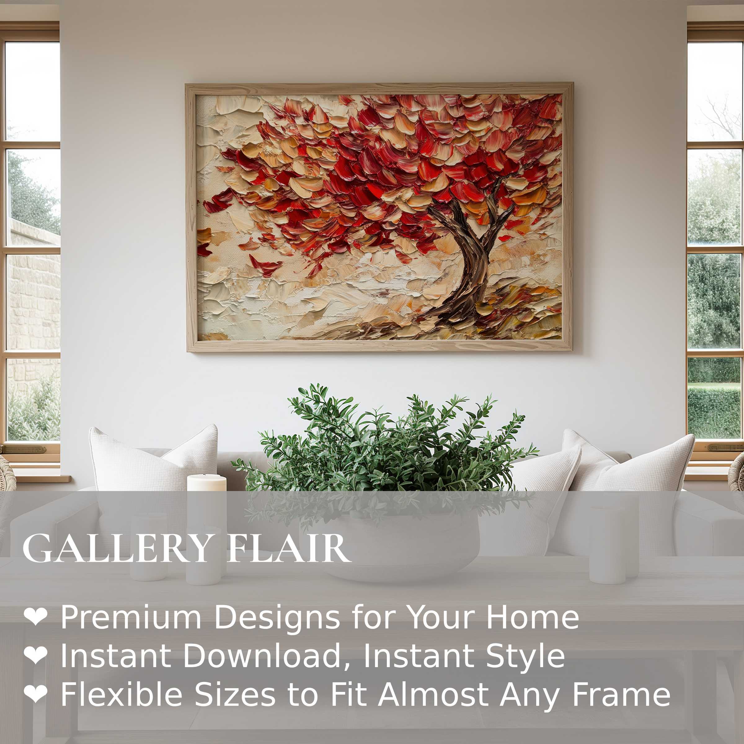 Fall wall art print featuring a vibrant textured tree in rich reds and golds, elevating contemporary living spaces with warmth and elegance