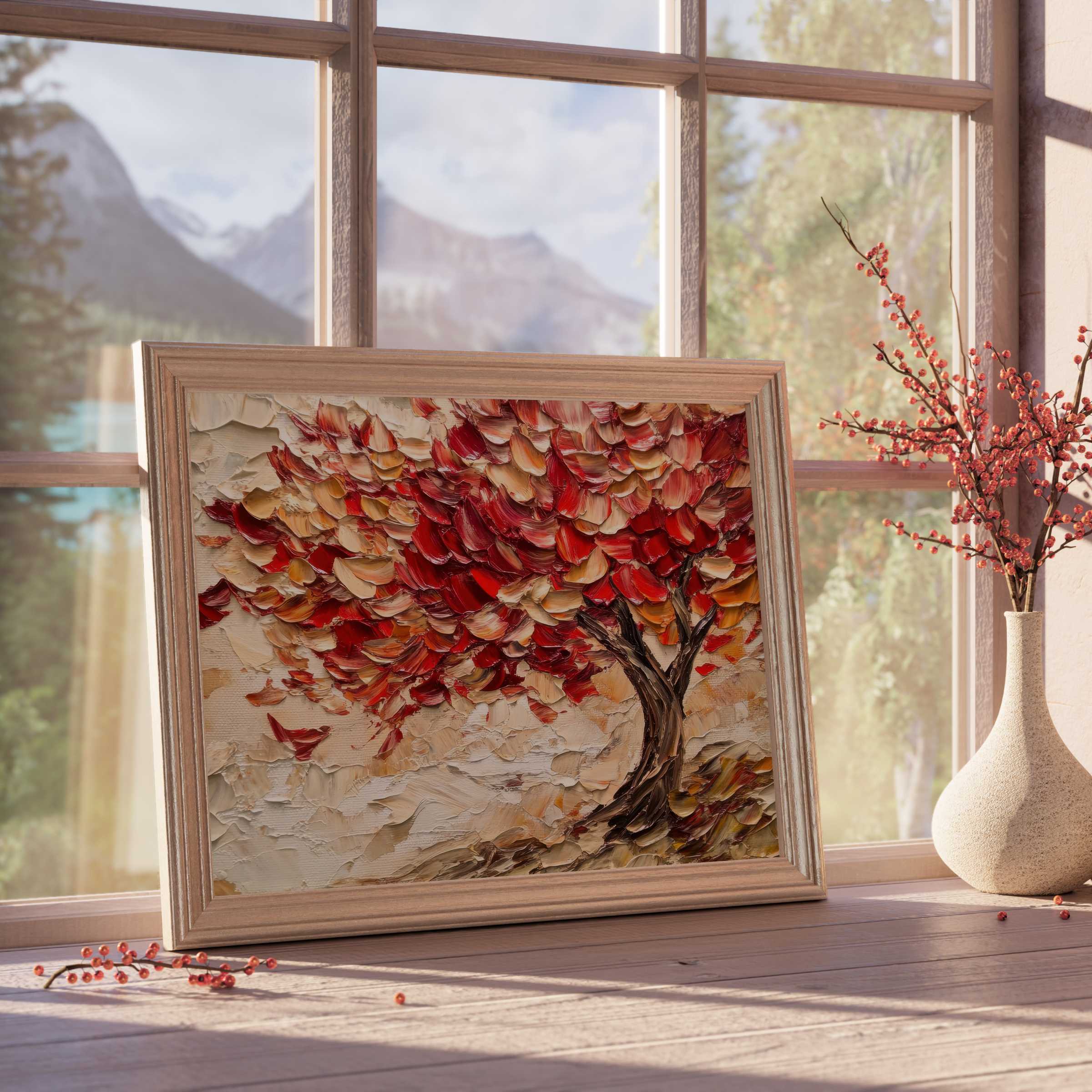 Fall downloadable art capturing vibrant red and amber leaves in textured strokes, elevating serene, curated interiors with warm autumnal elegance