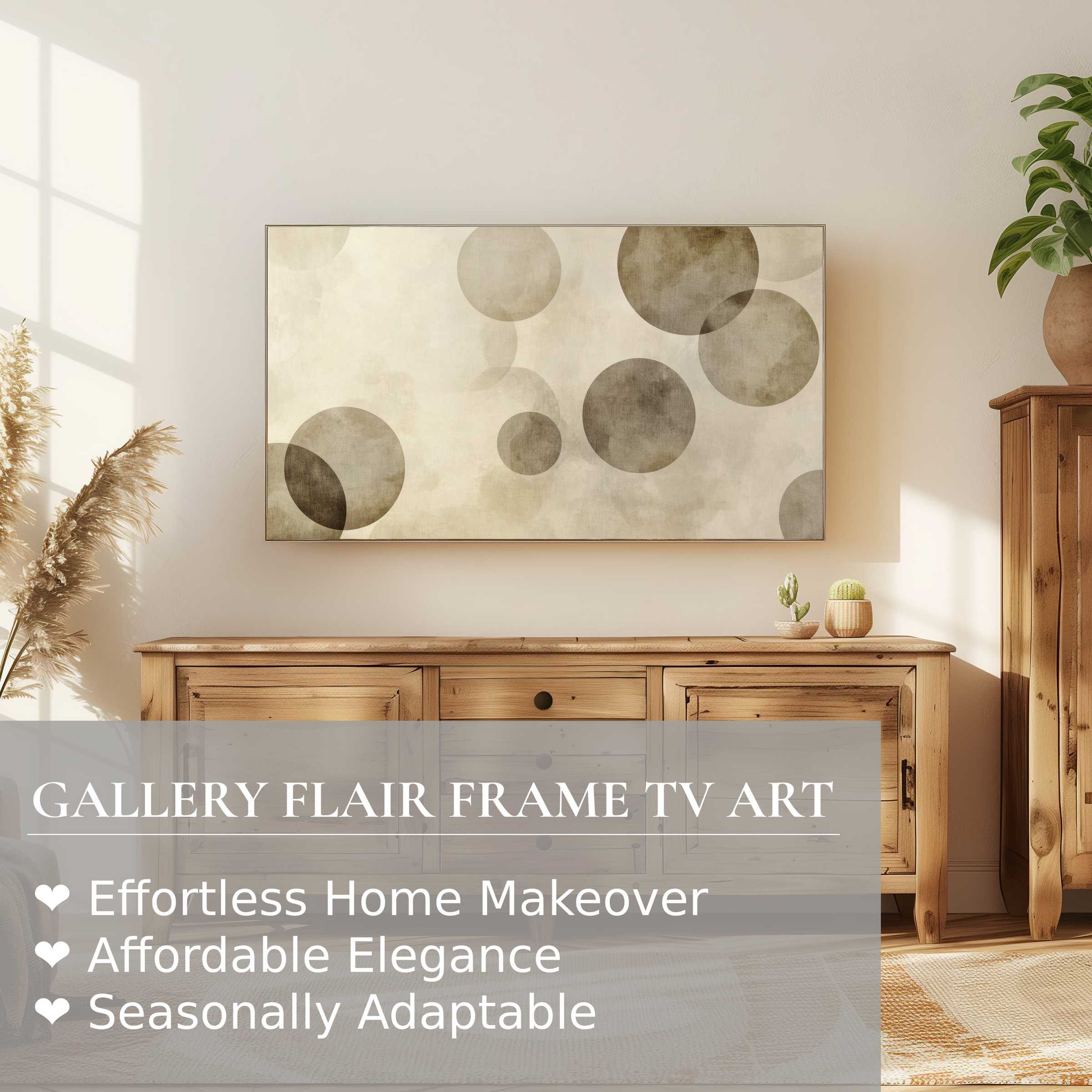 Samsung Frame TV displays neutral digital artwork with soft, overlapping circles in a warm, modern living space
