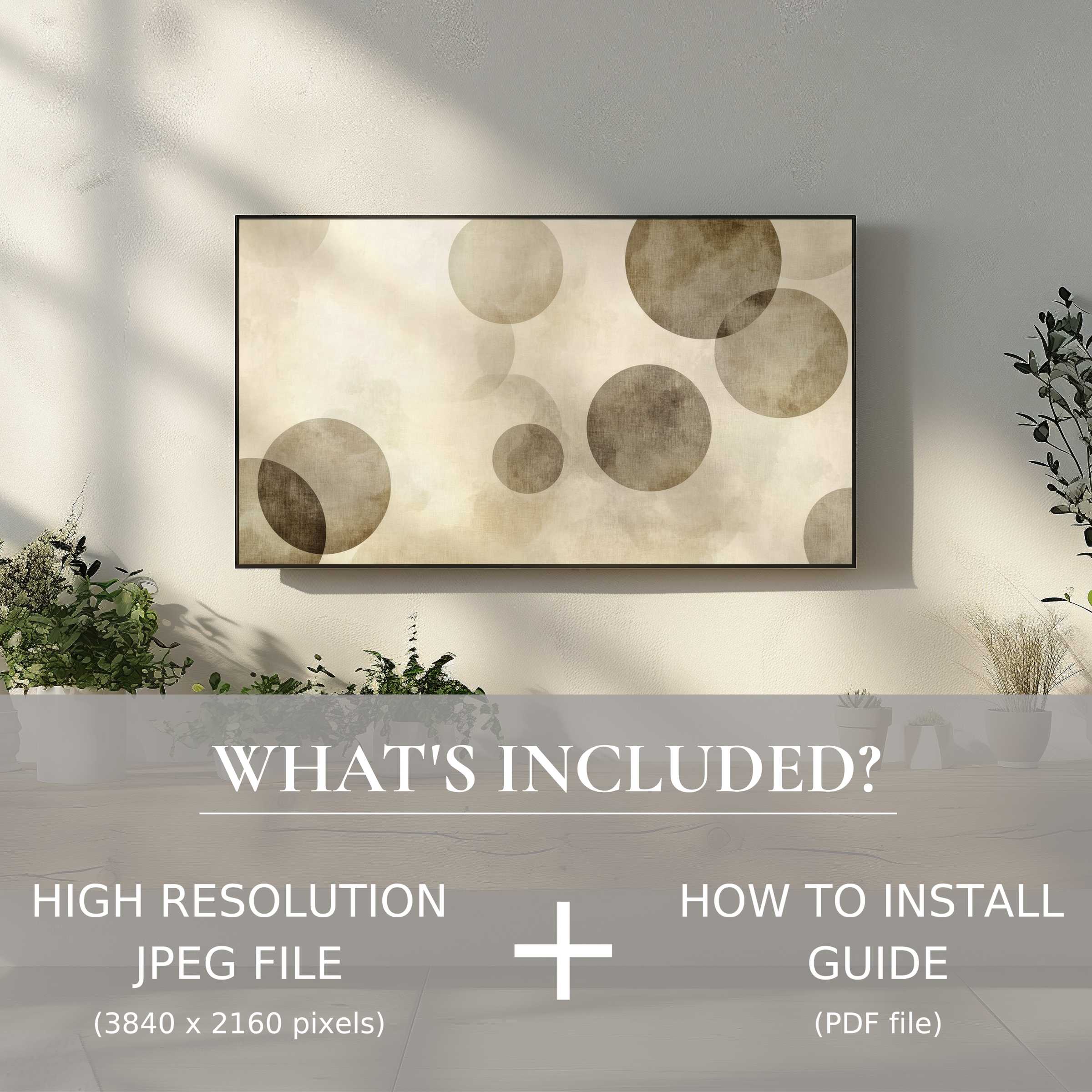 Elegant living room with neutral digital TV art download, easy to use, enhancing any modern space with subtle design