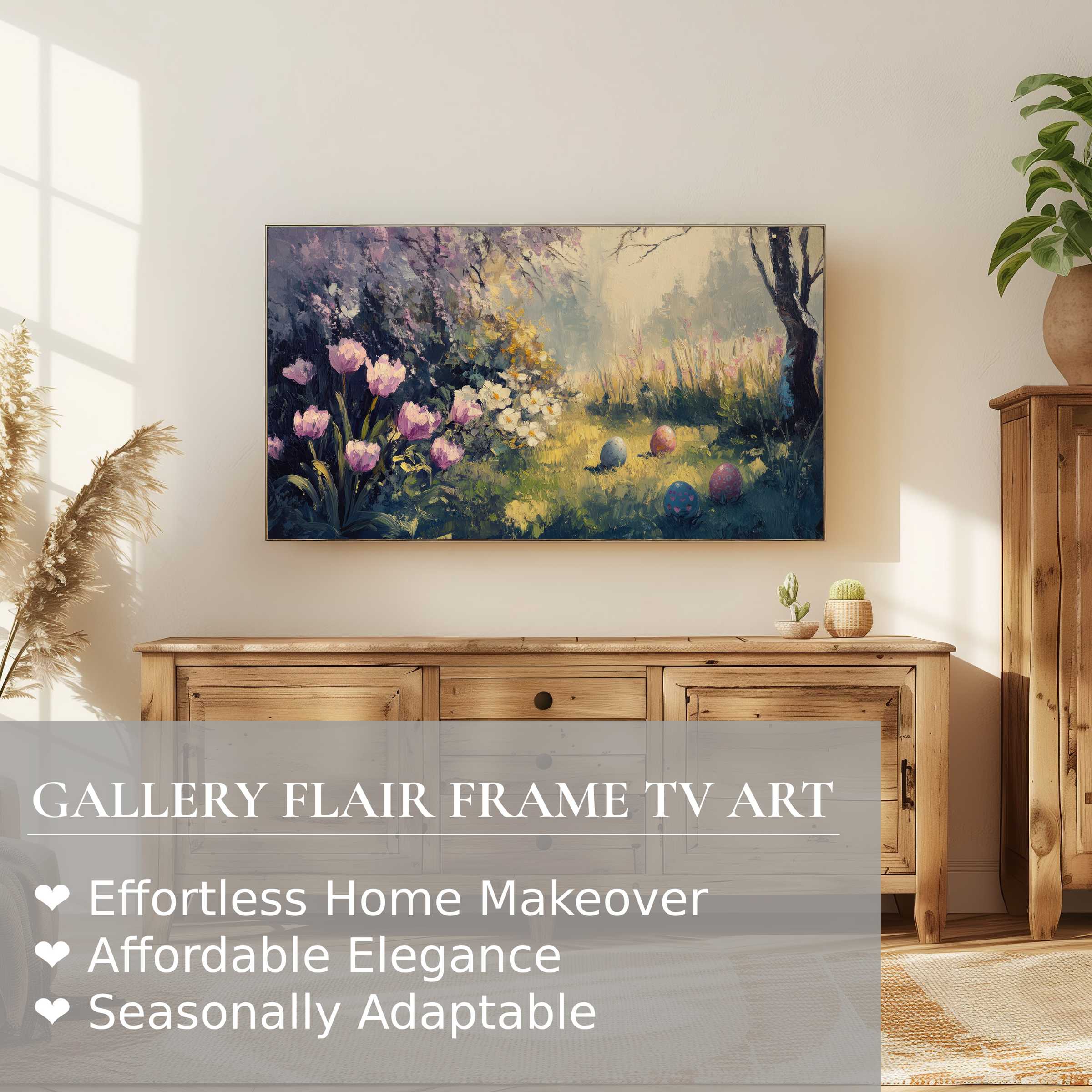 Samsung Frame TV displaying elegant easter digital artwork with soft floral tones in a cozy, modern living space