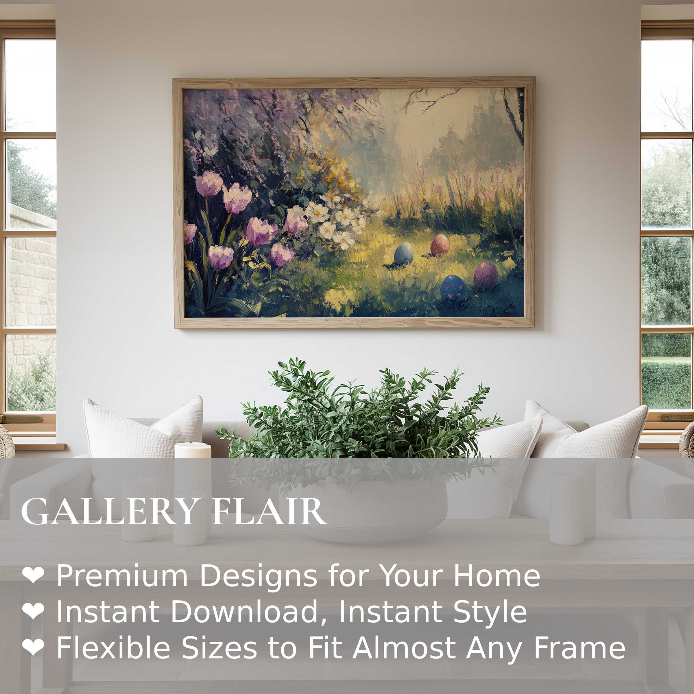 Easter wall art print featuring a radiant garden scene with pastel tulips and vibrant eggs, enhancing modern minimalist interiors