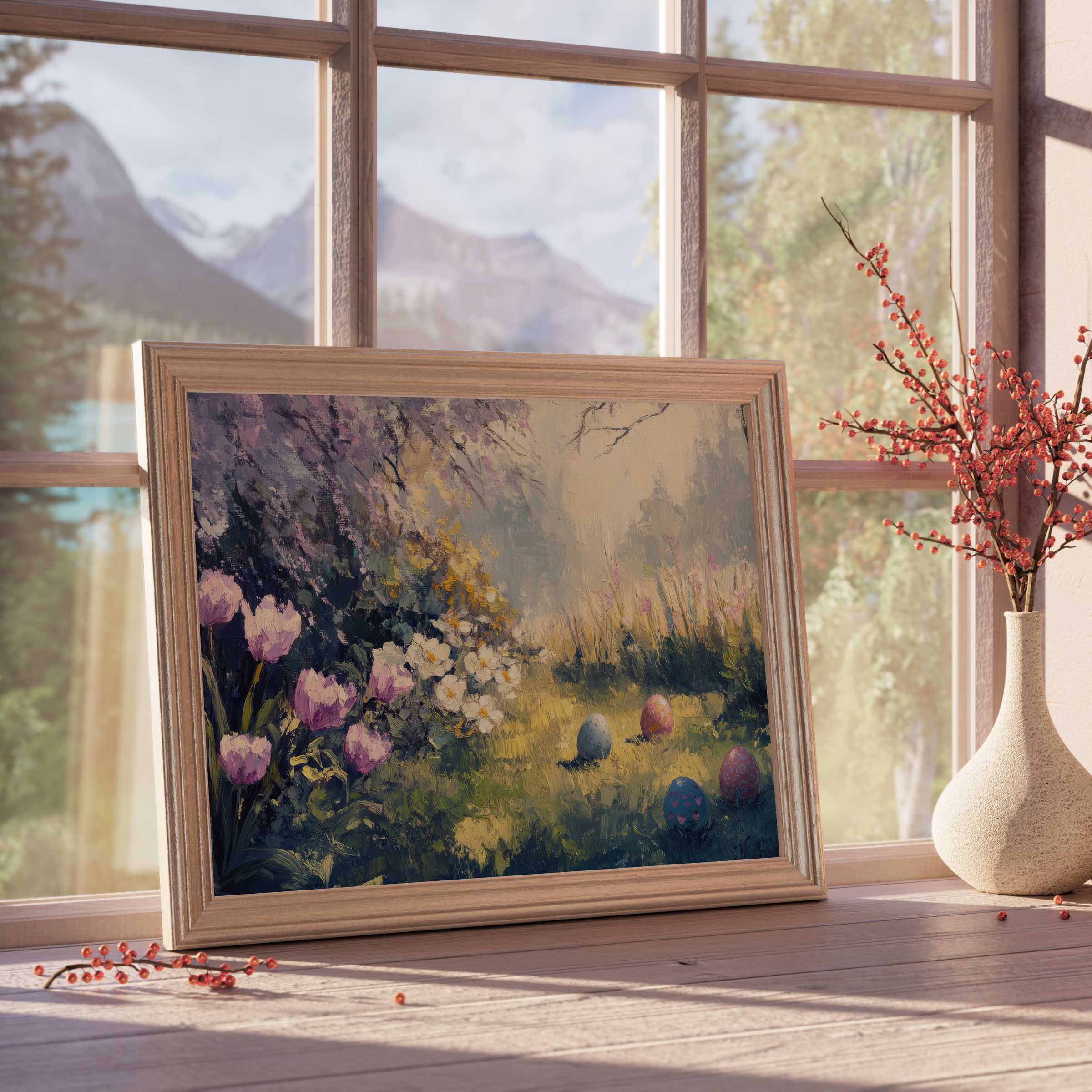 Easter downloadable art capturing serene spring blooms and delicate eggs, elevating tranquil, refined interiors with timeless charm