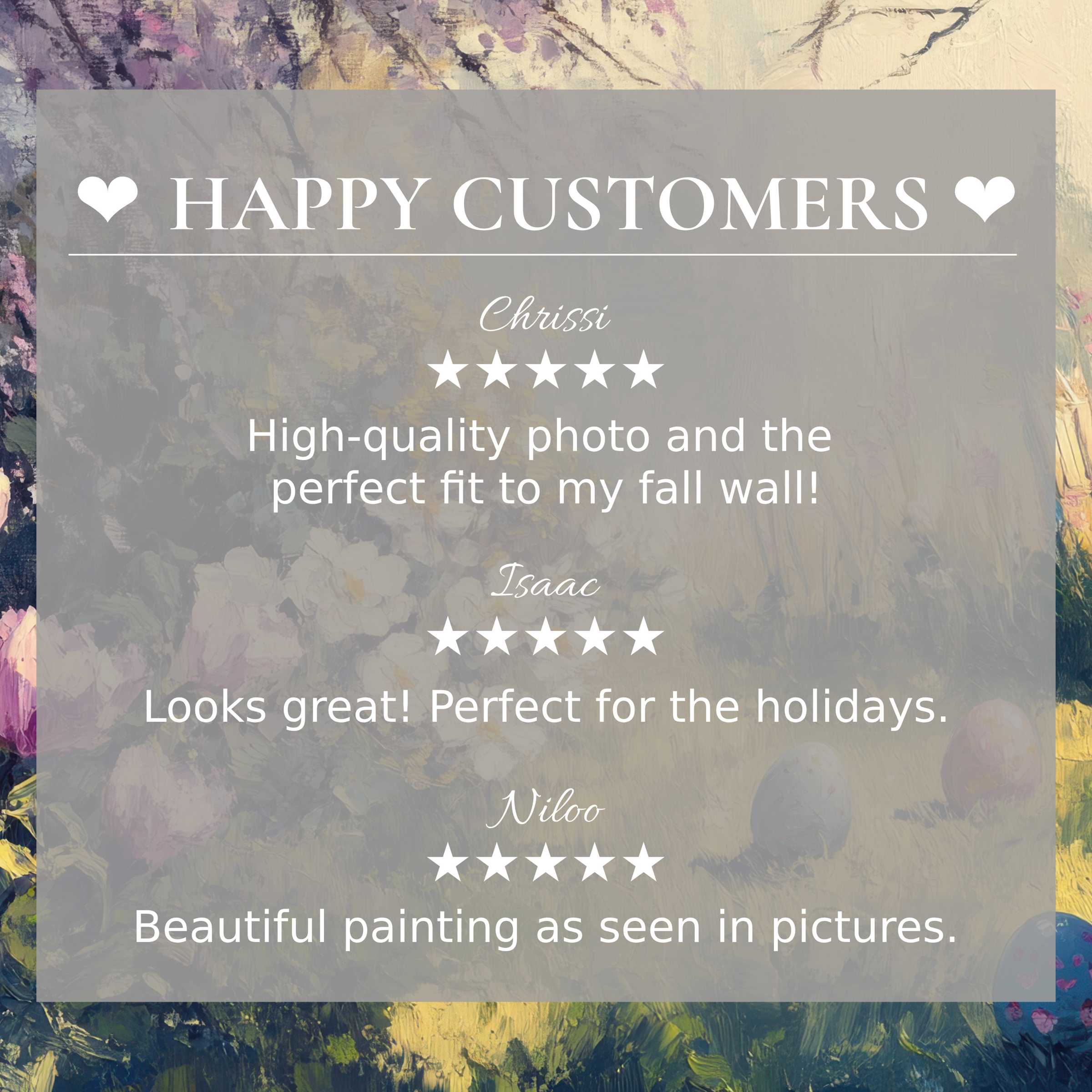 Elegant easter art for Frame TV with abstract sunset hues, showcasing happy customer reviews to inspire trust and style