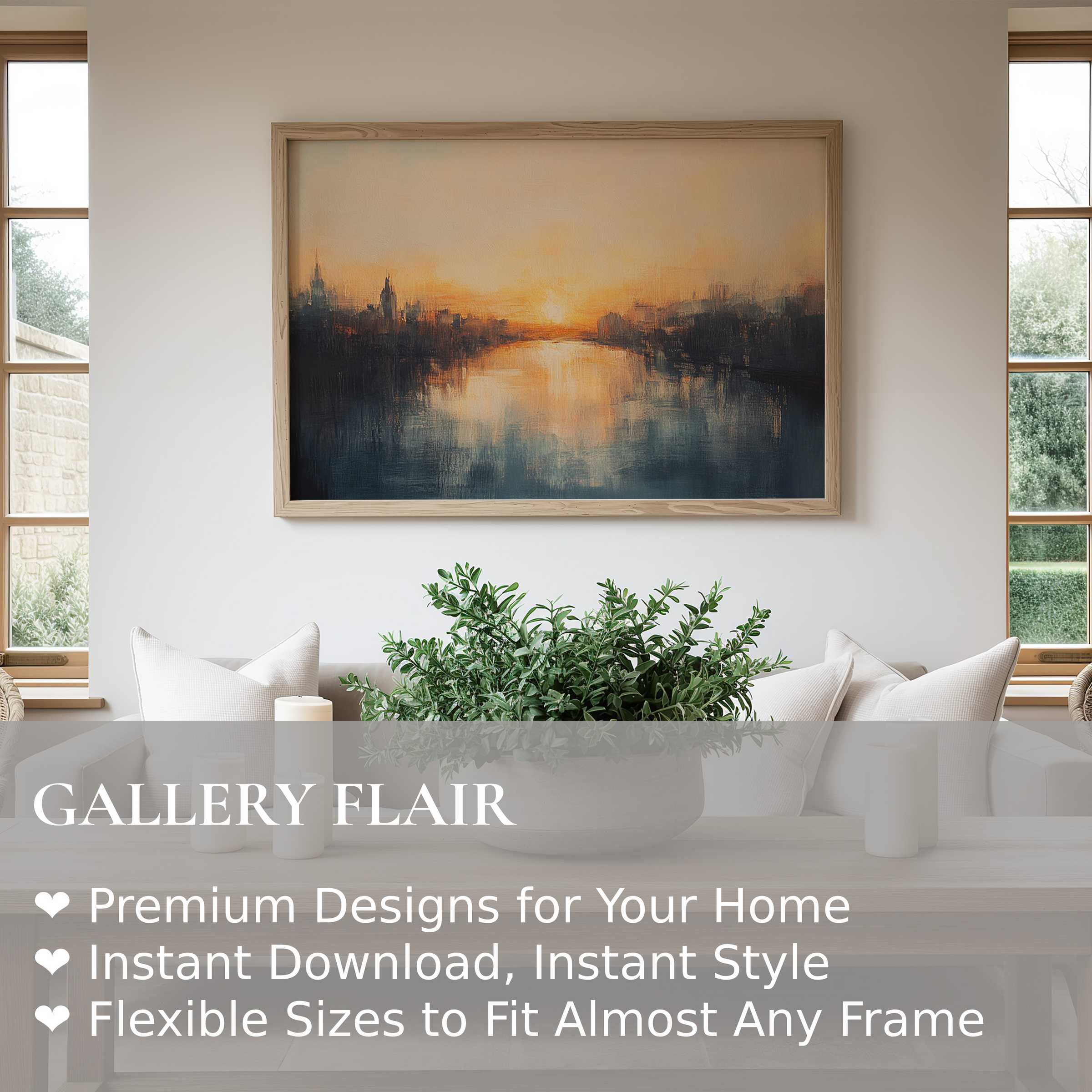 Urban art wall art print with a moody sunset cityscape, radiating bold warmth and depth in a serene modern minimalist living space
