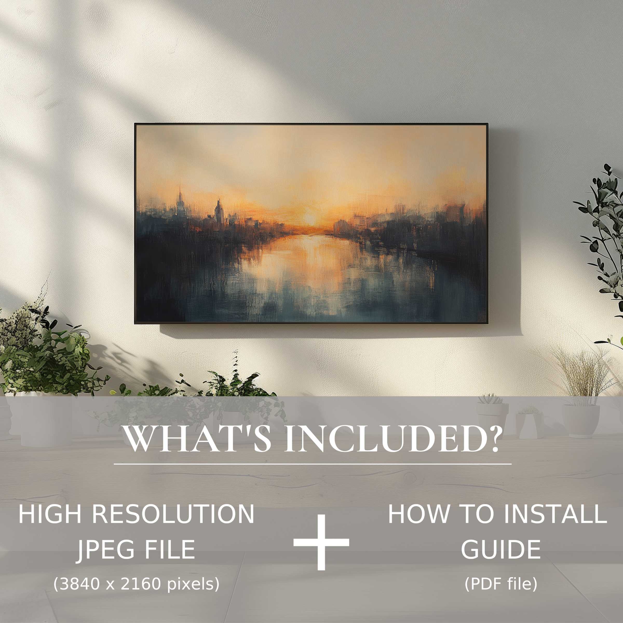 Elegant urban digital TV art download enhances modern living spaces with easy digital use and warm sunset cityscape