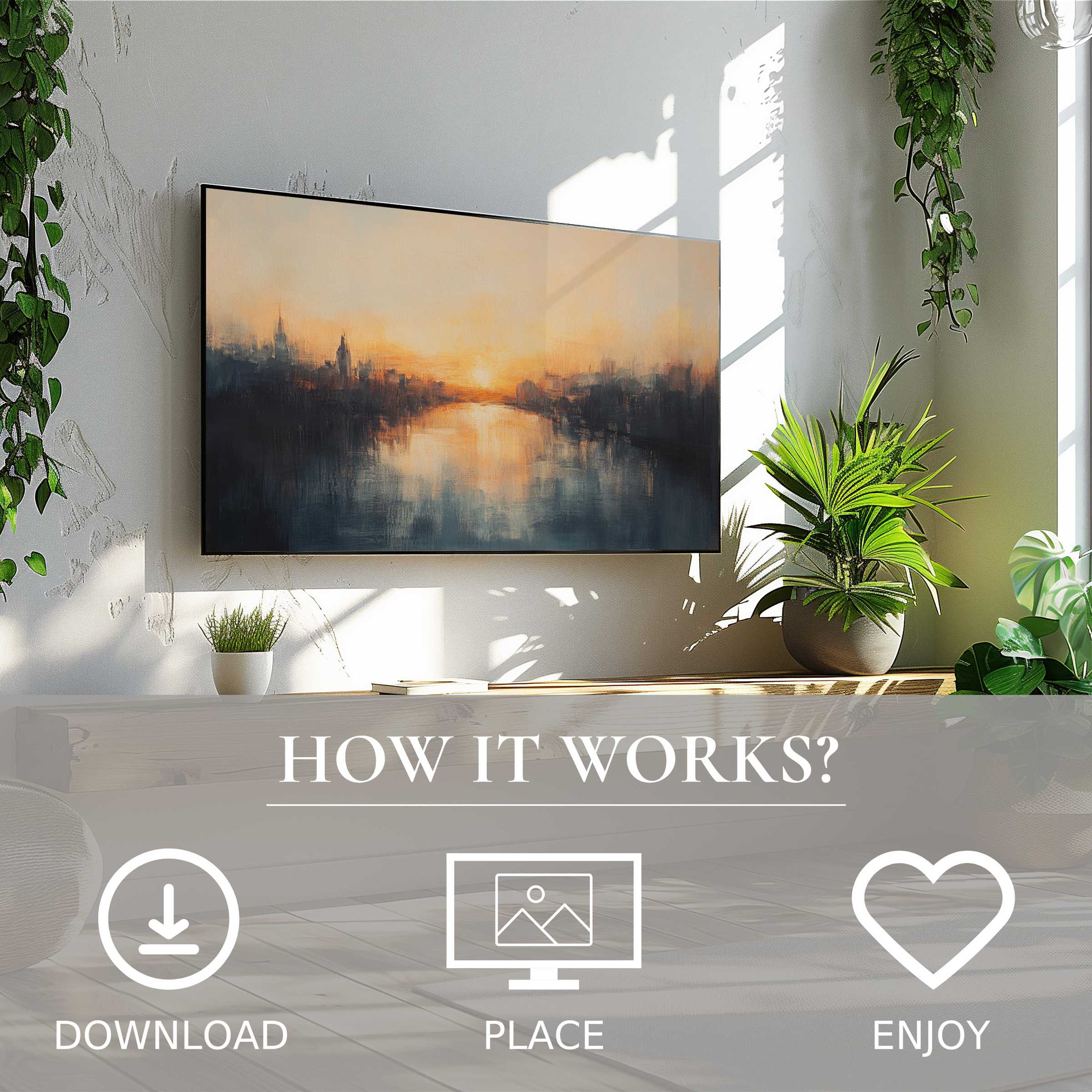 Urban art for Samsung TV with soft sunset tones enriches any space via easy digital download, enhancing modern living rooms