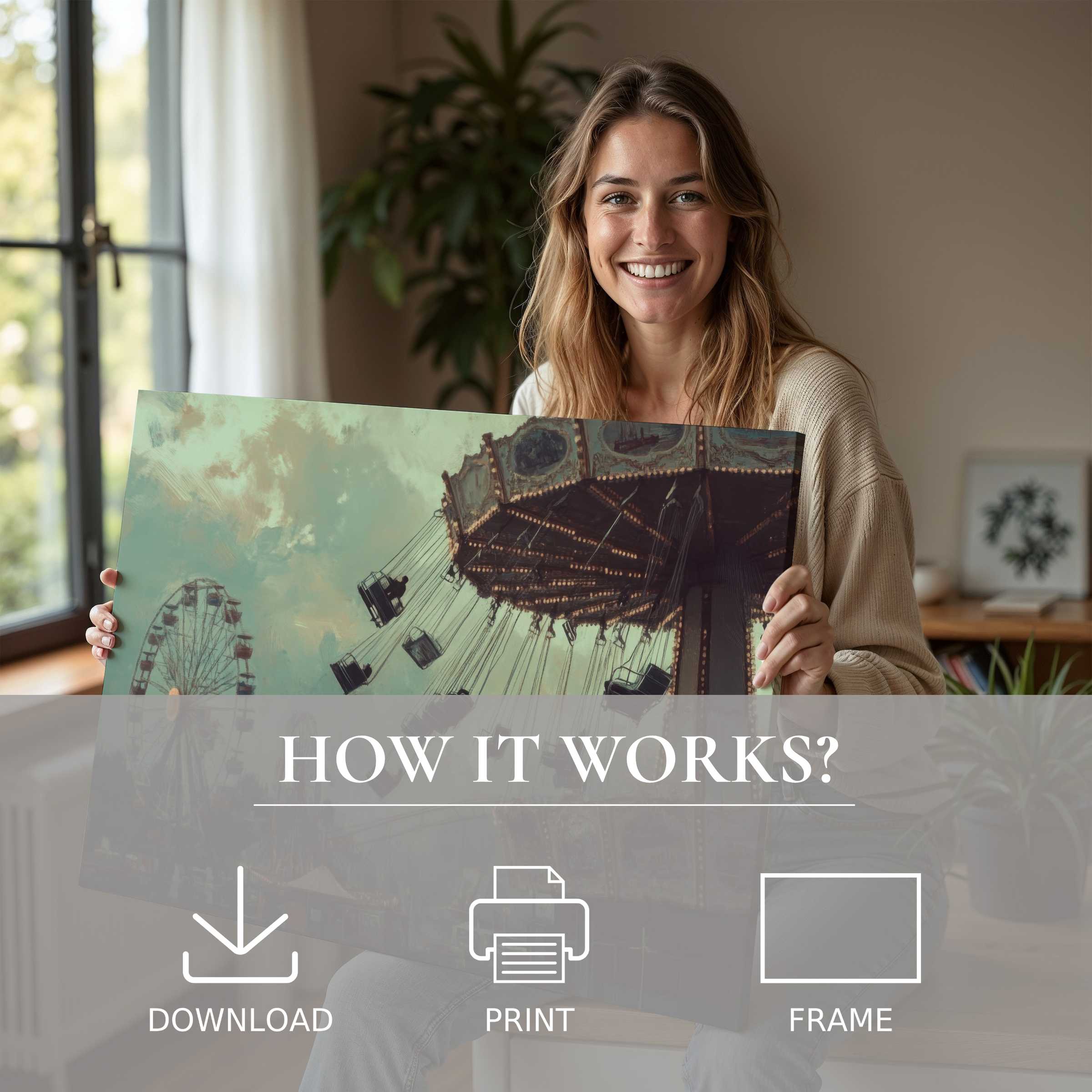 A joyful moment unveiling a halloween digital art print, inspiring serene, stylish living with effortless art curation