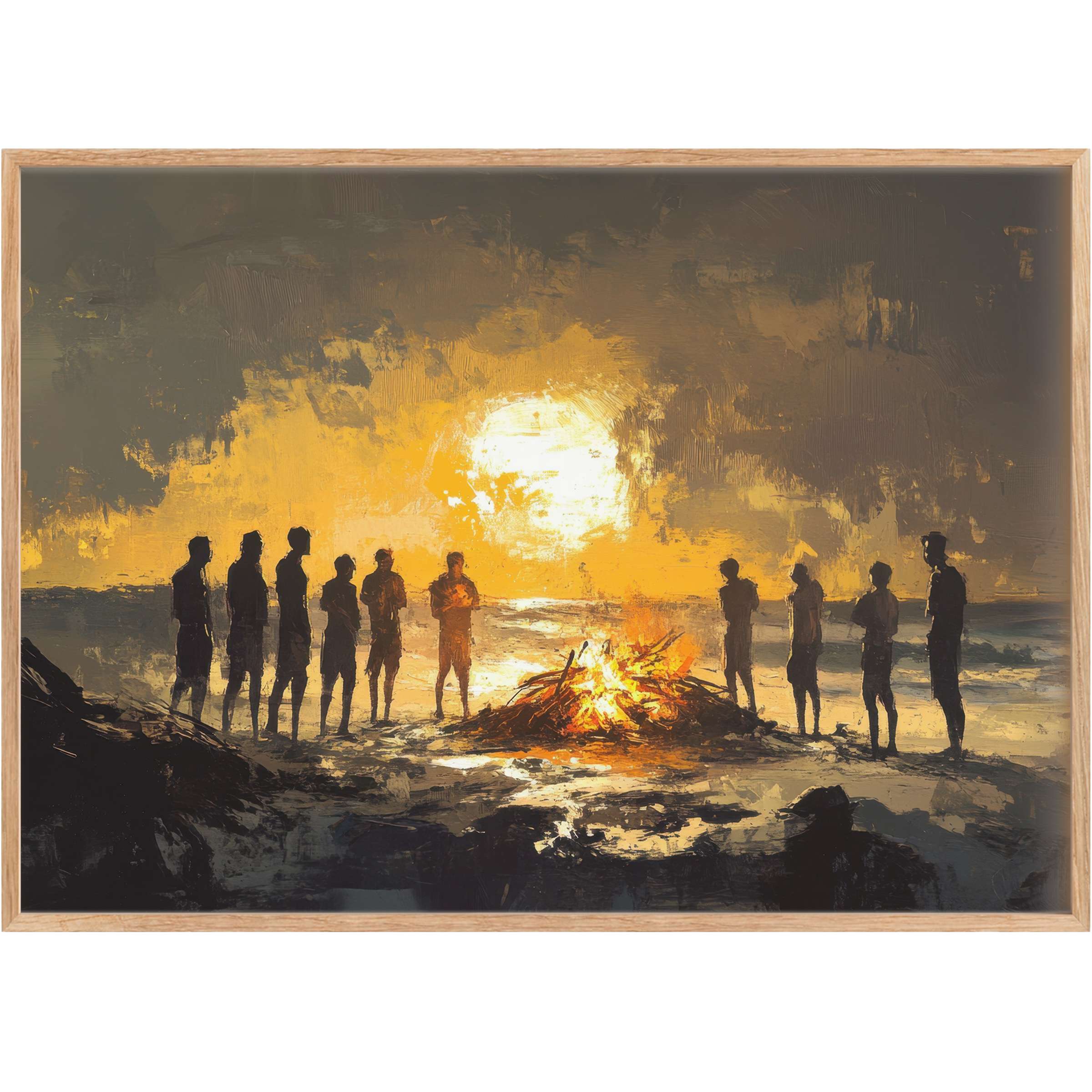 Gathered silhouettes around a glowing bonfire at dusk evoke a warm, contemplative mood in this beach printable wall art
