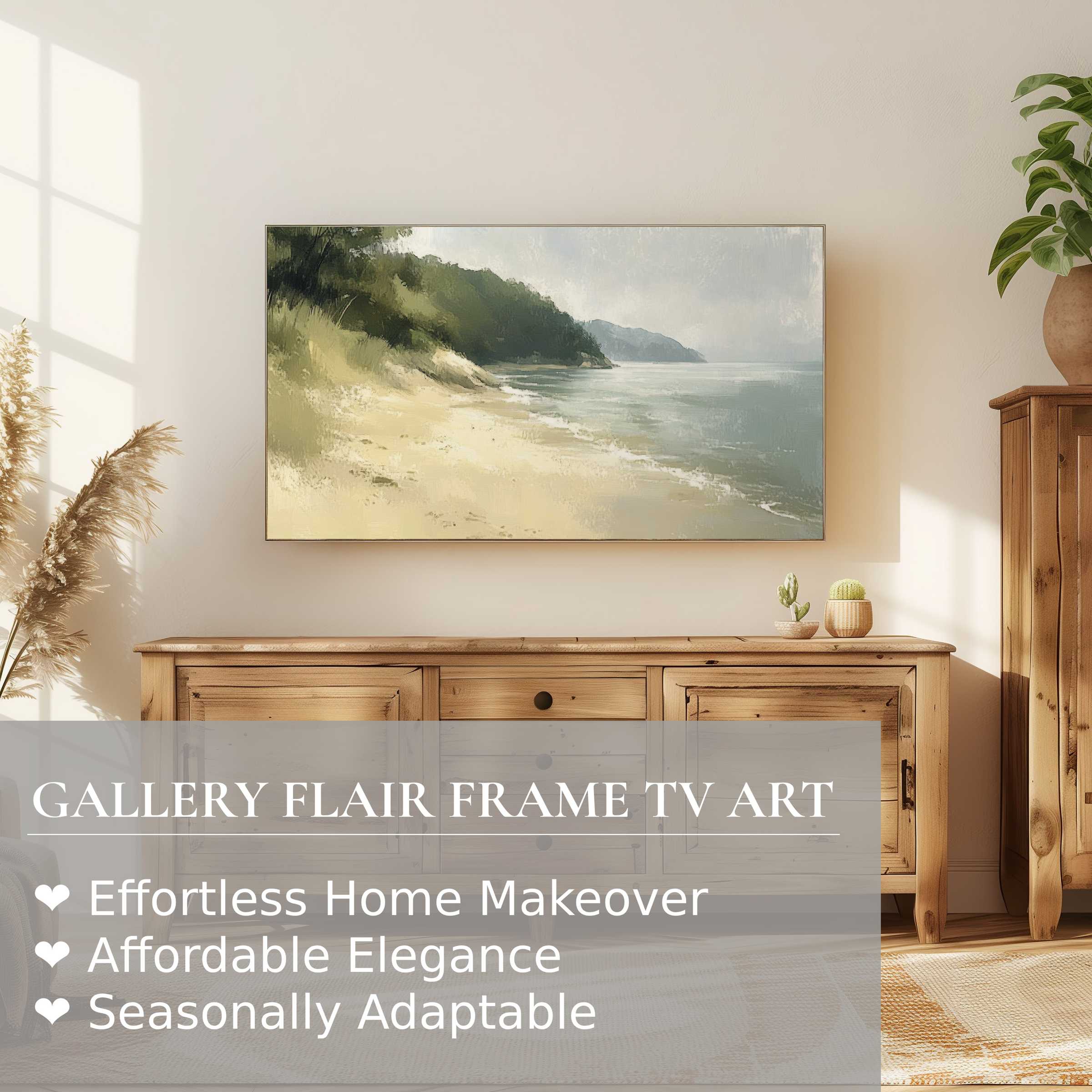 Samsung Frame TV displaying coastal digital artwork in soft tones, enhancing modern, serene home decor