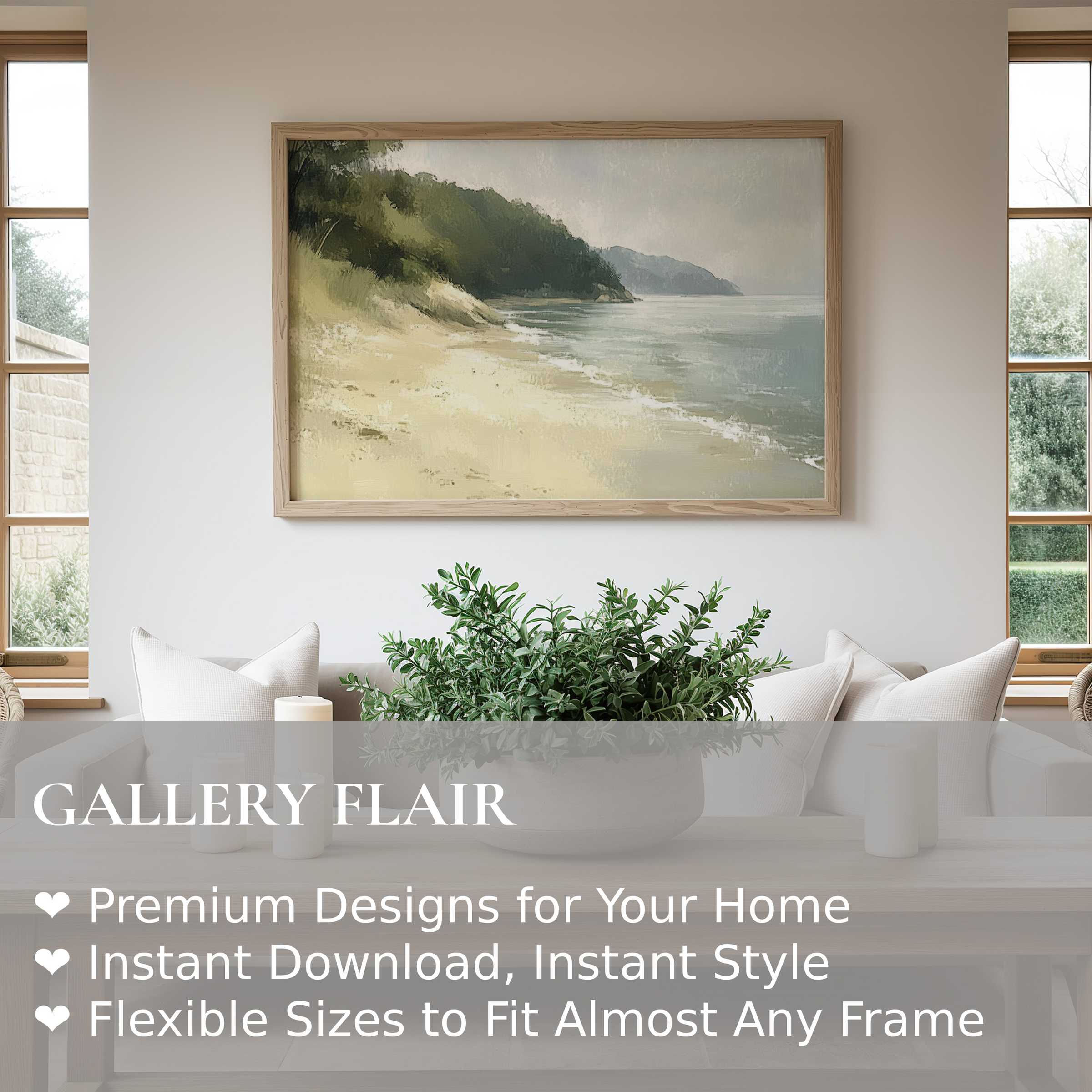 Coastal wall art print capturing a serene beachscape with soft hues and lush greenery, perfect for modern coastal interiors