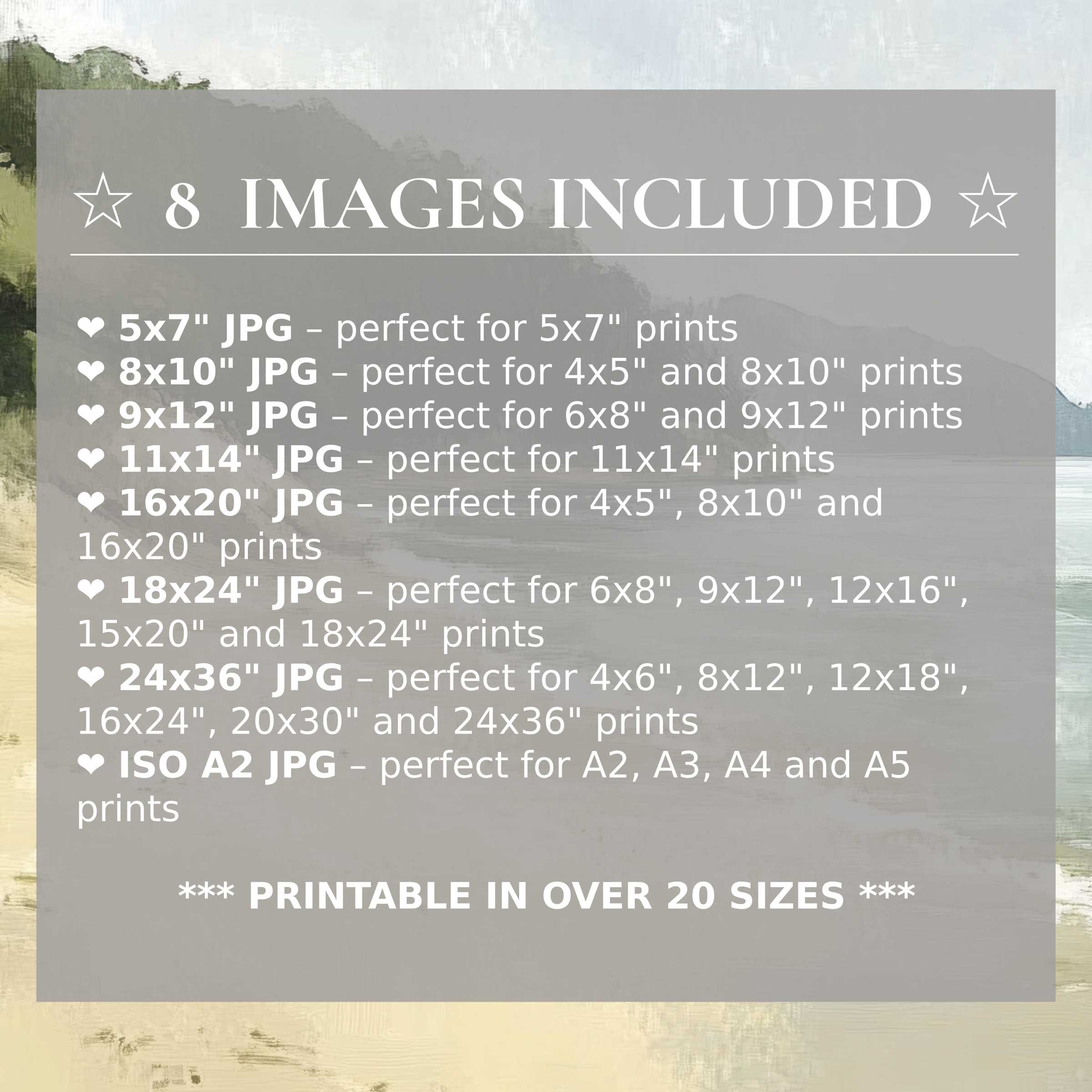 Coastal digital print radiates serene blues and verdant greens, enhancing modern interiors with timeless style and 8 included high-res sizes