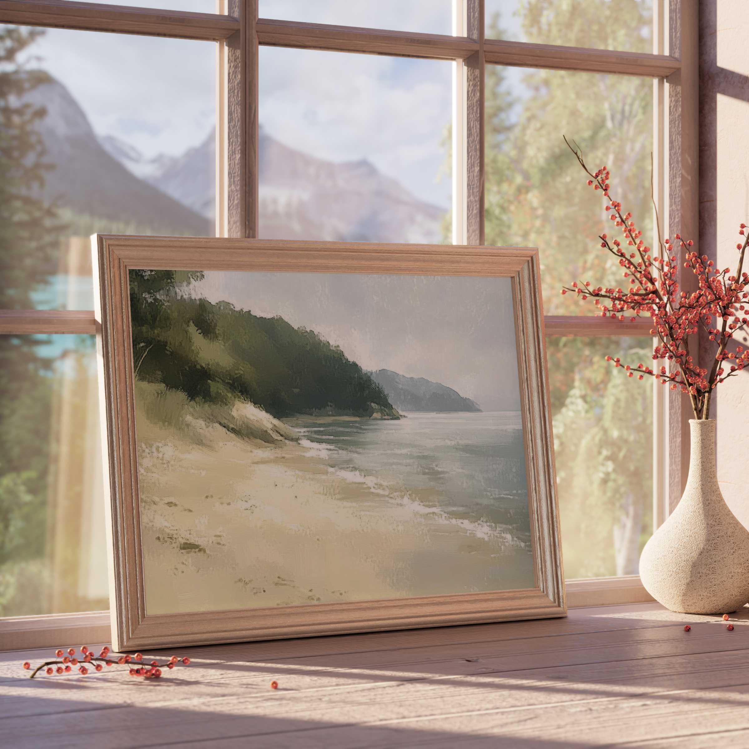Coastal downloadable art capturing serene, misty shorelines in soft hues, perfect for curated, tranquil interiors with nature-inspired elegance