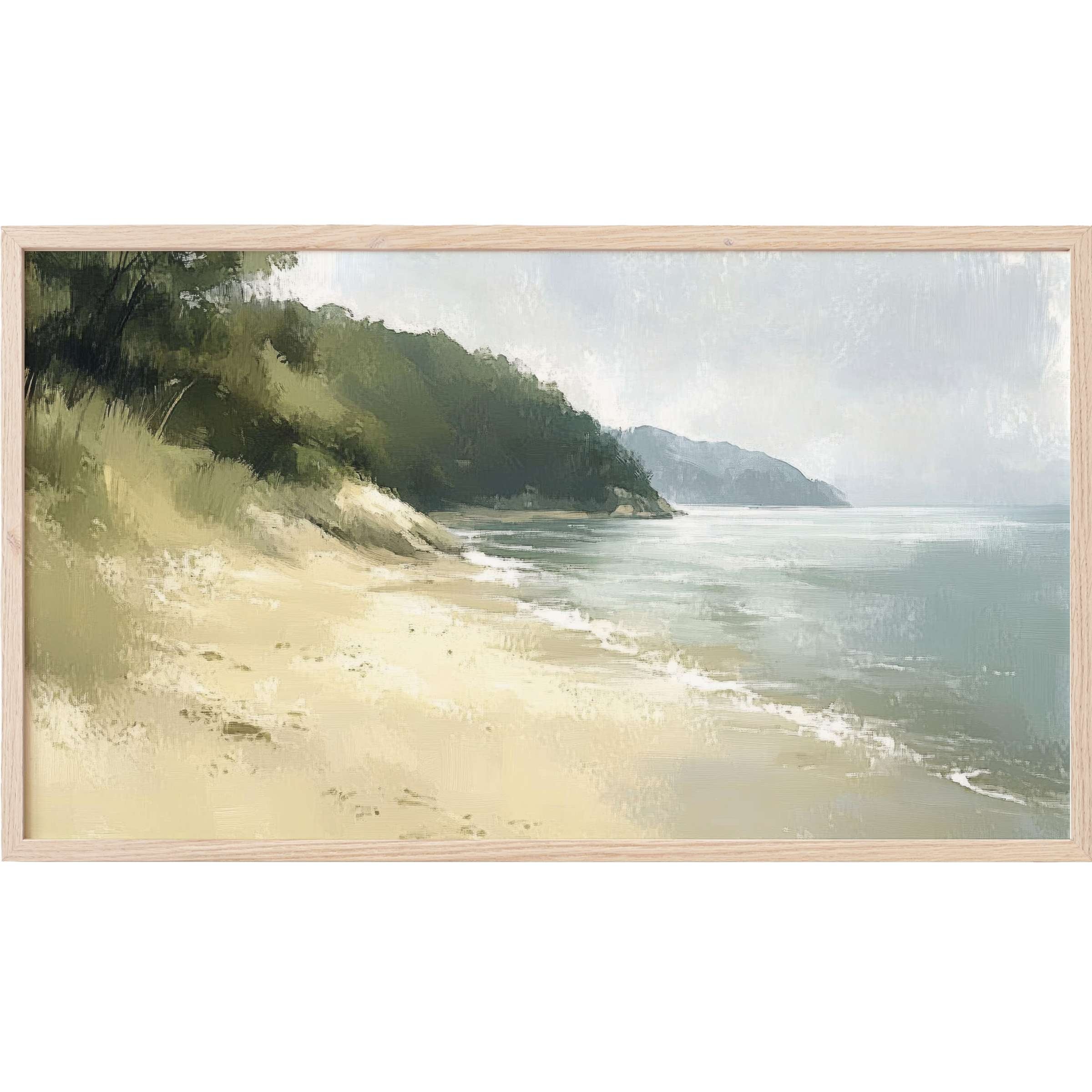Soft coastal landscape in muted greens and blues, tranquil beach scene with coastal Frame TV Art elegance