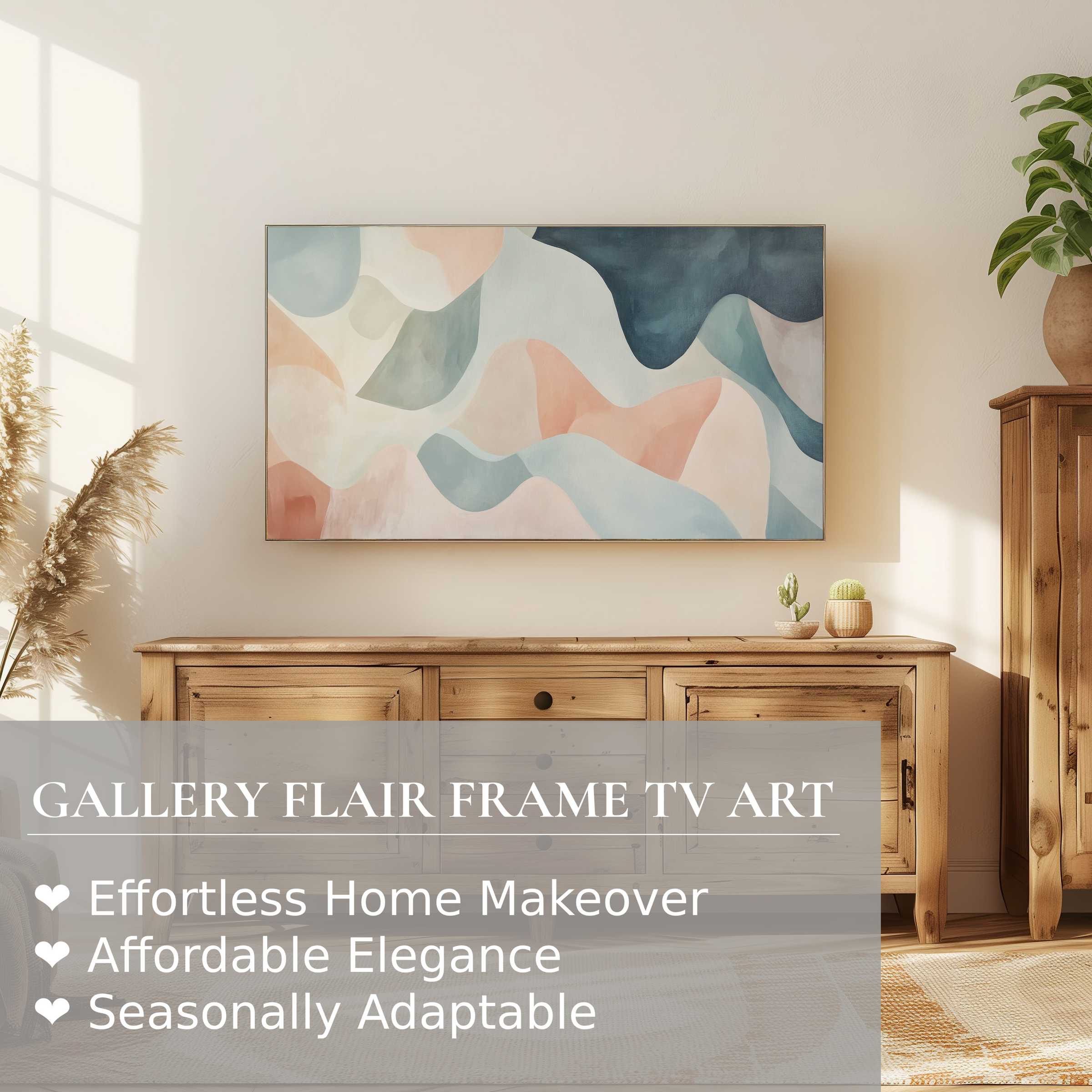 Modern living room with natural wood, warm light, Samsung Frame TV showcasing soft-hued abstract digital artwork